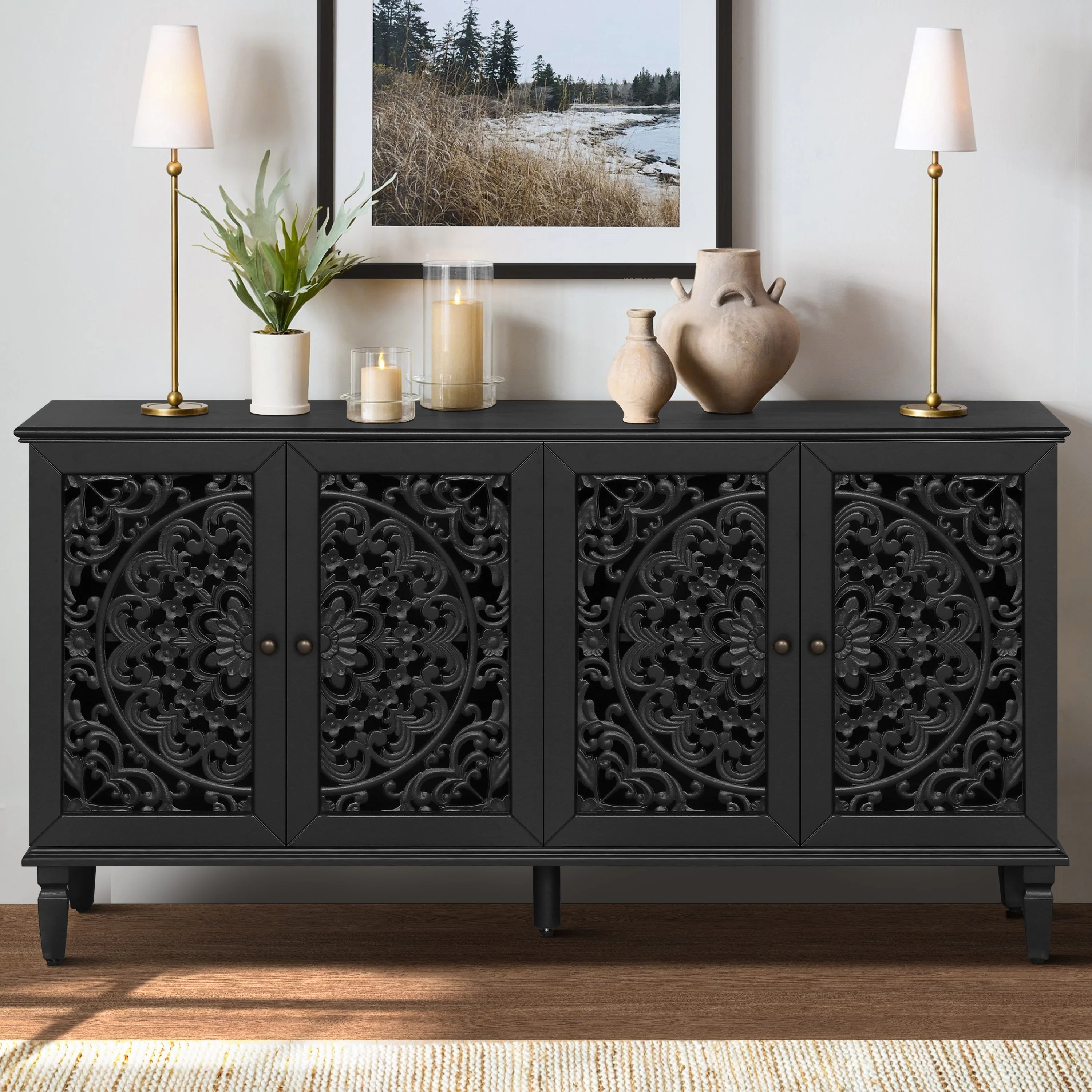 60" Antique Buffet Cabinet with Floral Carvings - Image 4