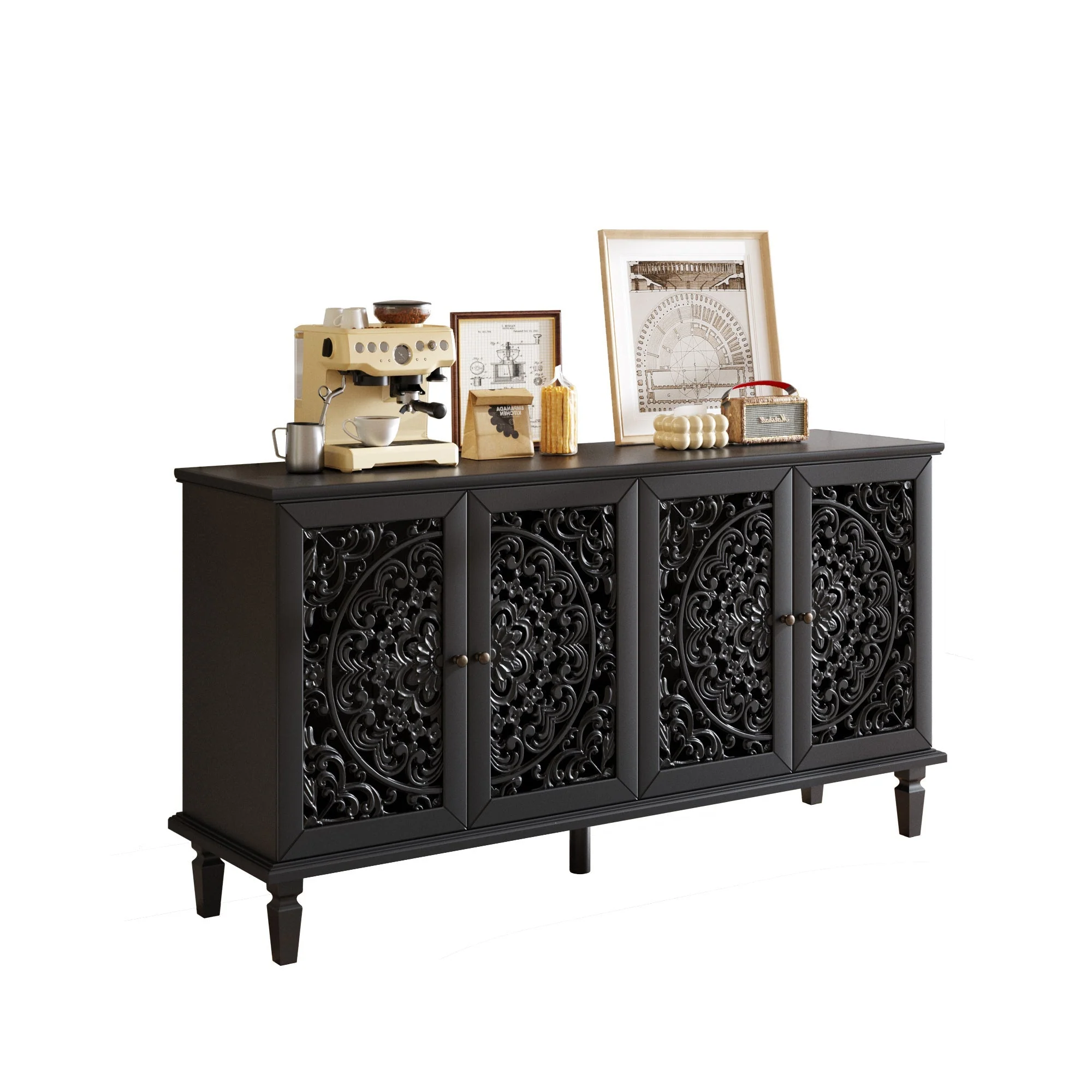 60" Antique Buffet Cabinet with Floral Carvings - Image 6