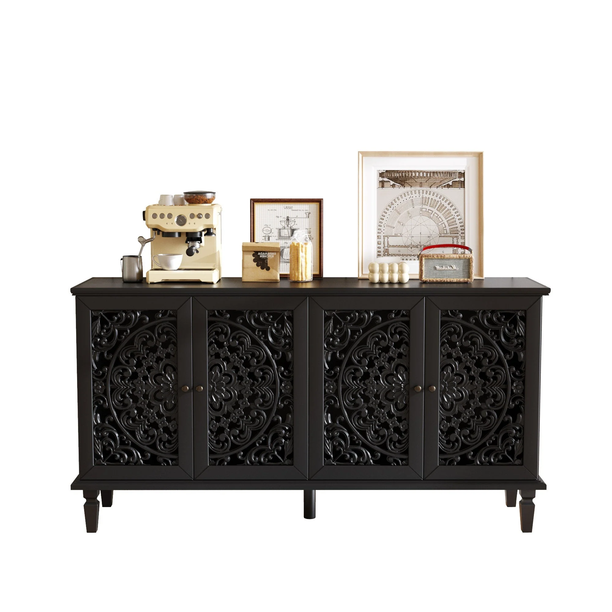 60" Antique Buffet Cabinet with Floral Carvings - Image 7