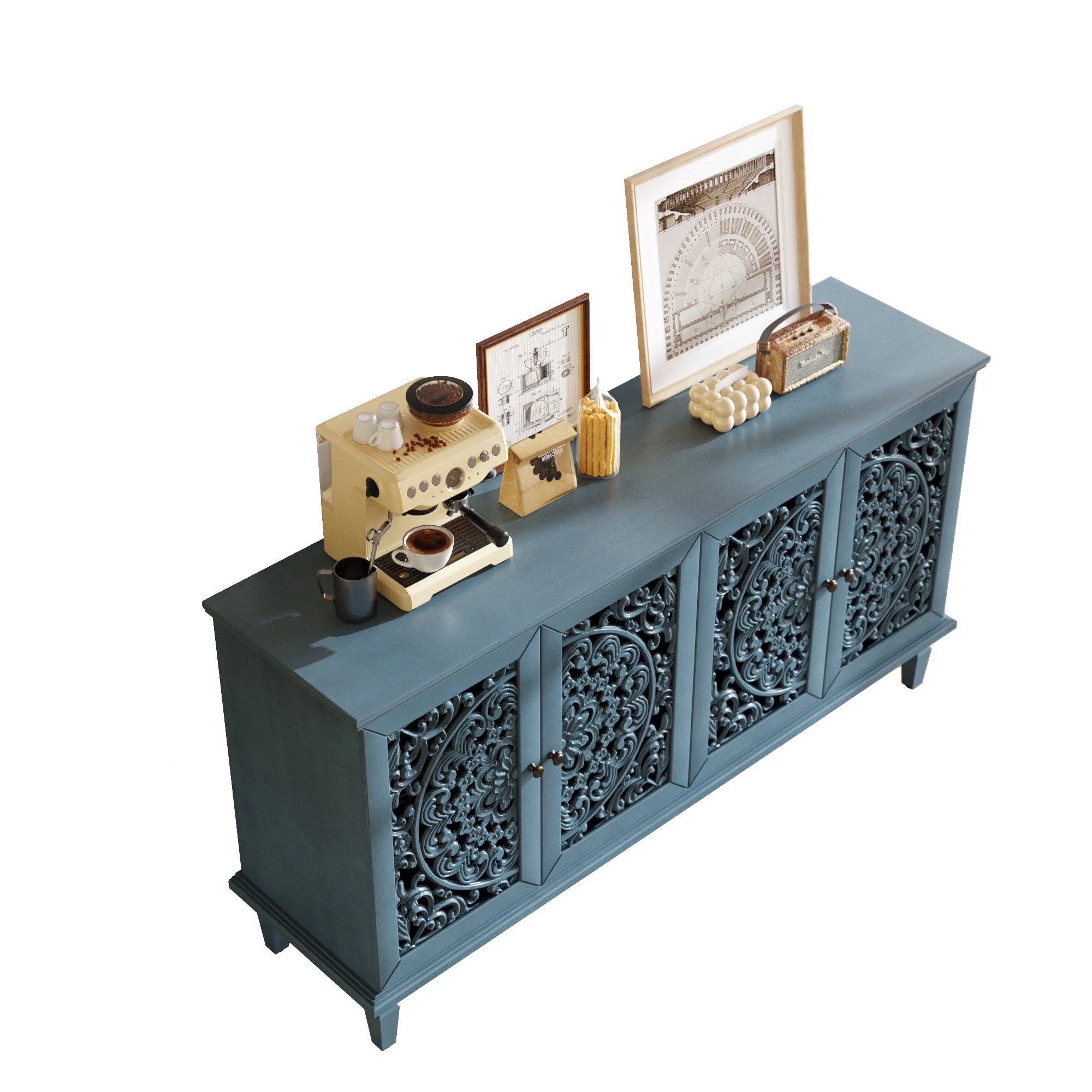 60" Antique Buffet Cabinet with Floral Carvings and Adjustable Shelves - Image 12