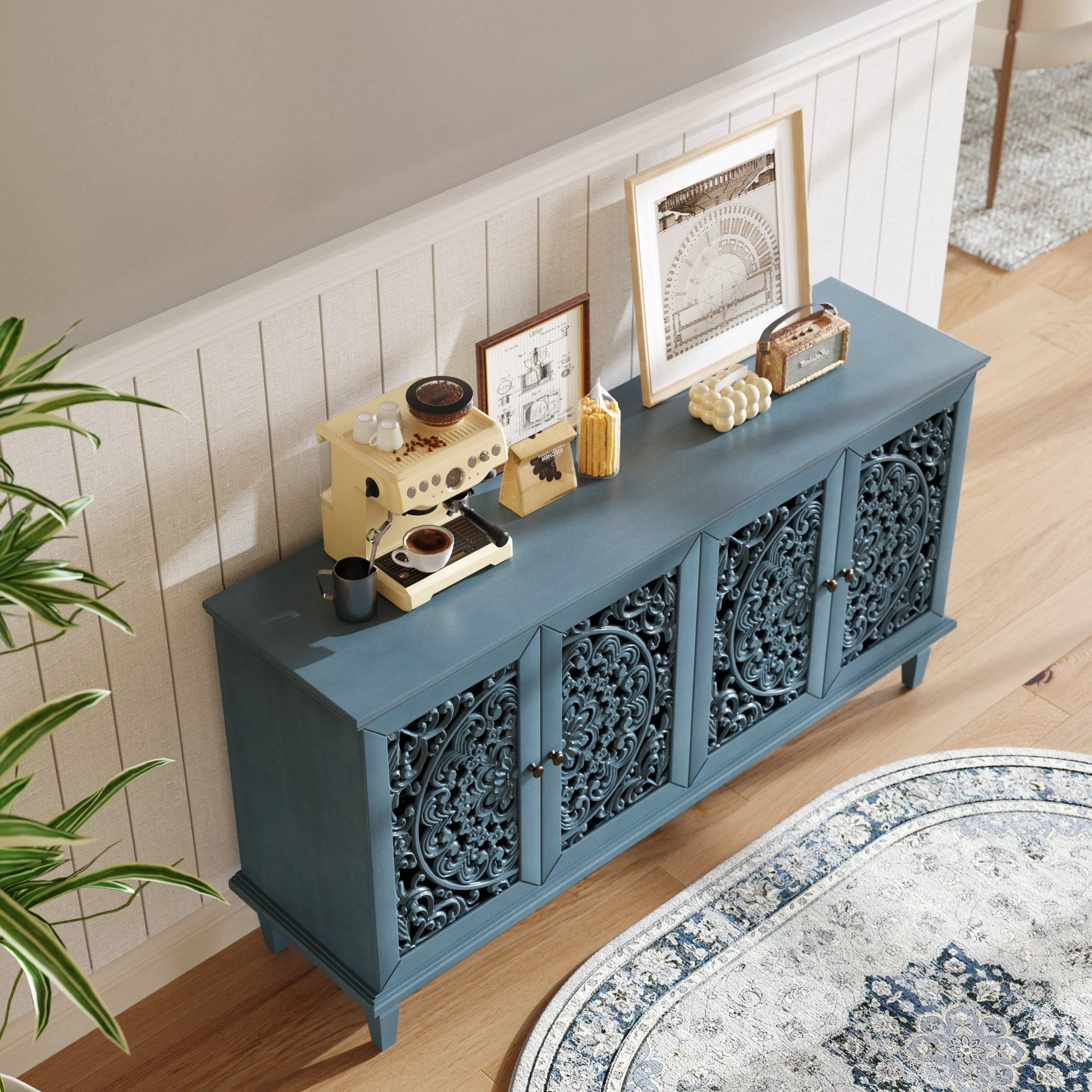 60" Antique Buffet Cabinet with Floral Carvings and Adjustable Shelves - Image 3