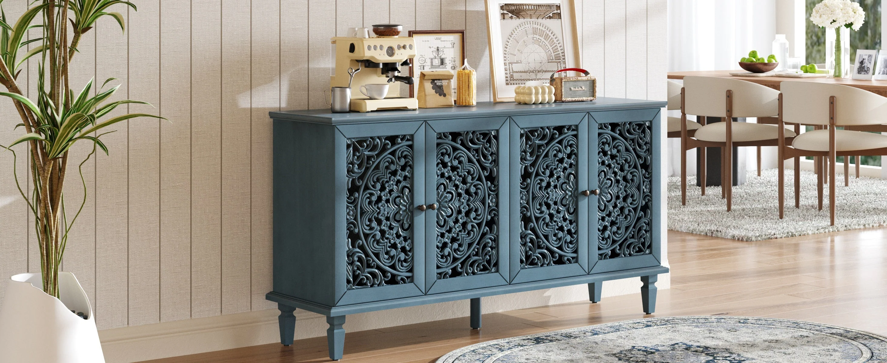 60" Antique Buffet Cabinet with Floral Carvings and Adjustable Shelves - Image 5