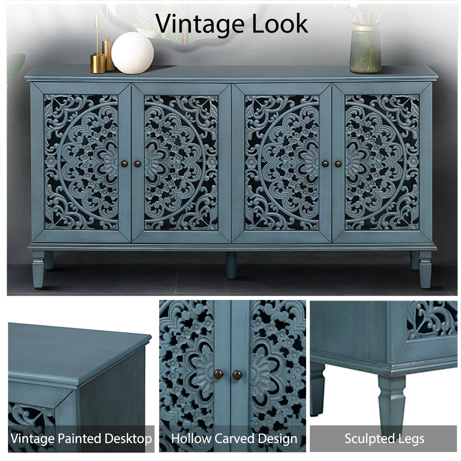 60" Antique Buffet Cabinet with Floral Carvings and Adjustable Shelves - Image 7