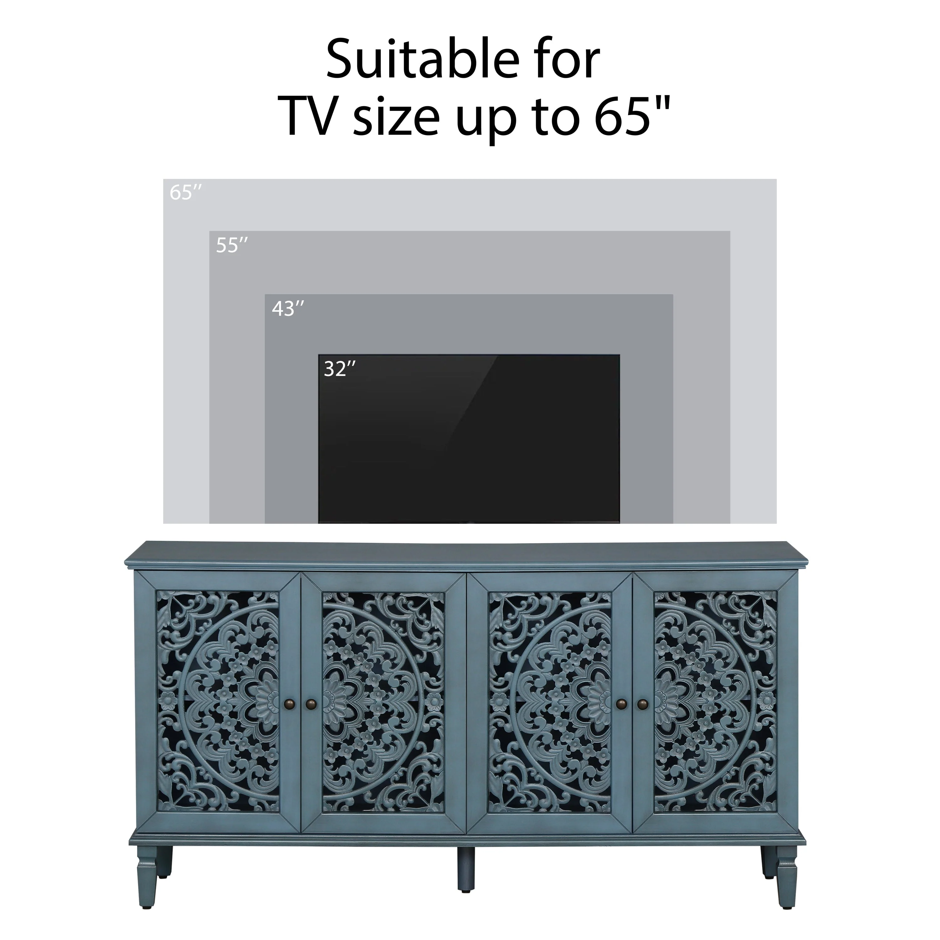 60" Antique Buffet Cabinet with Floral Carvings and Adjustable Shelves - Image 8