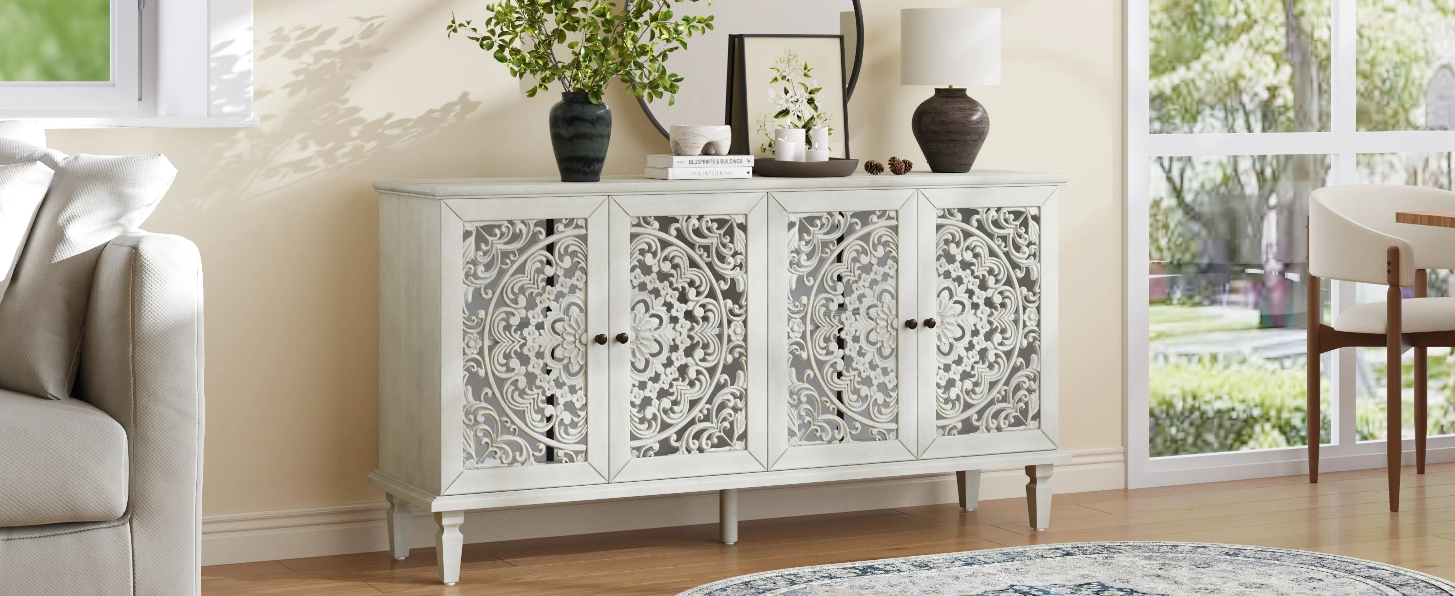 60" Antique Buffet Cabinet with Floral Carvings and Solid Wood Legs - Image 10