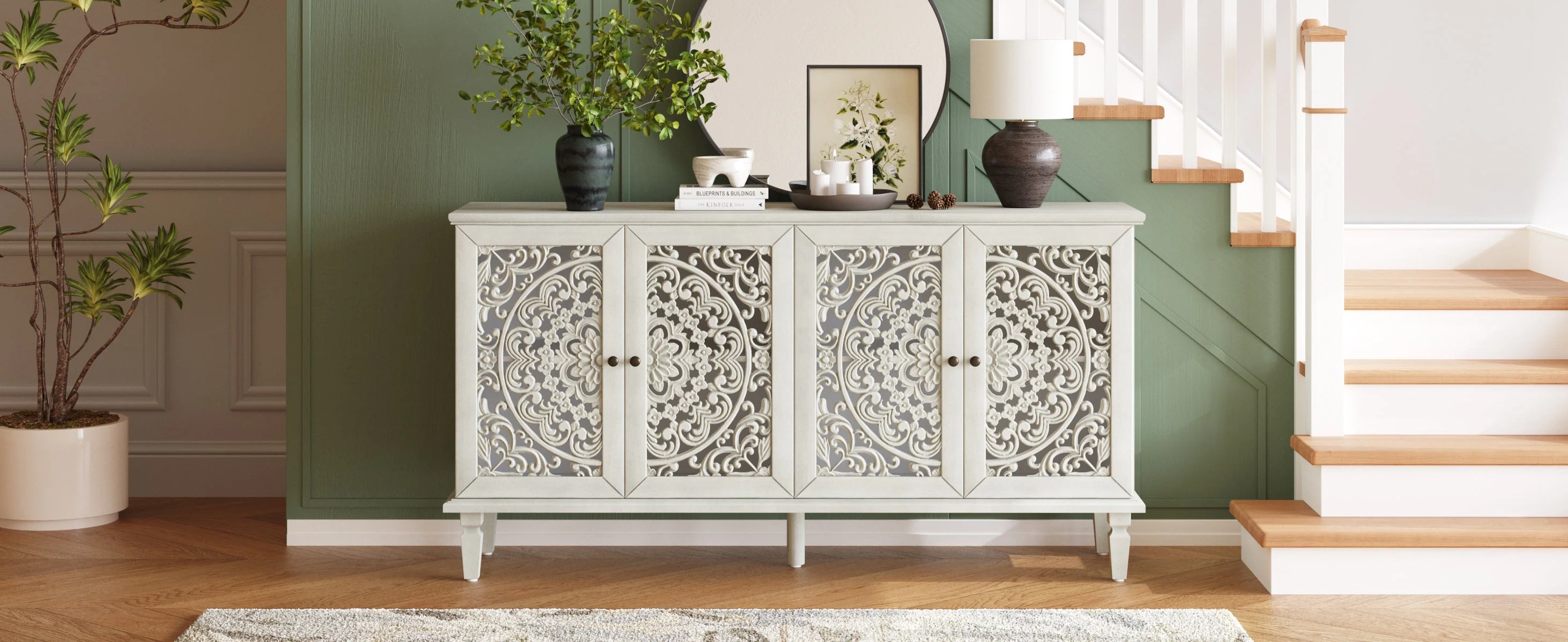 60" Antique Buffet Cabinet with Floral Carvings and Solid Wood Legs - Image 11
