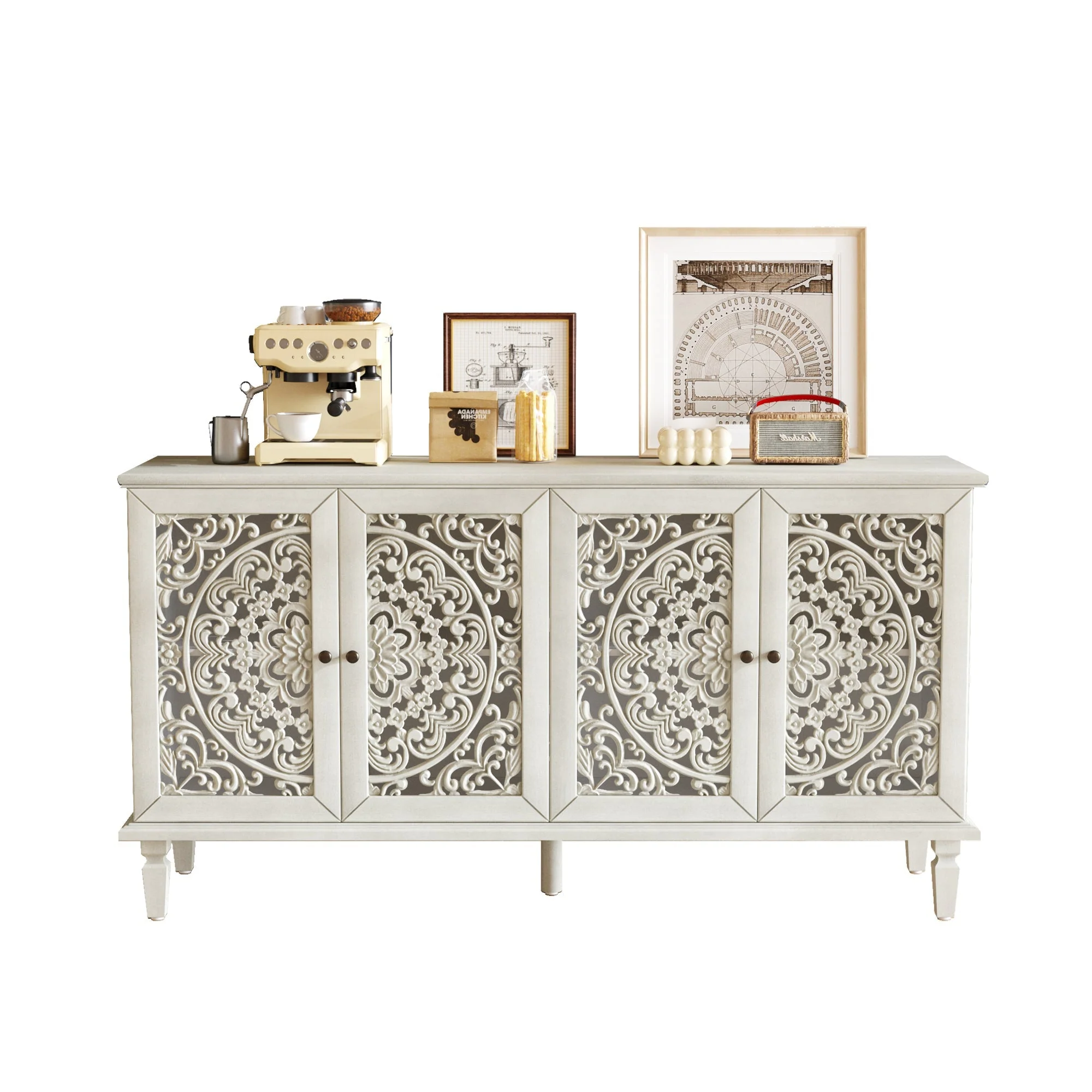 60" Antique Buffet Cabinet with Floral Carvings and Solid Wood Legs - Image 15