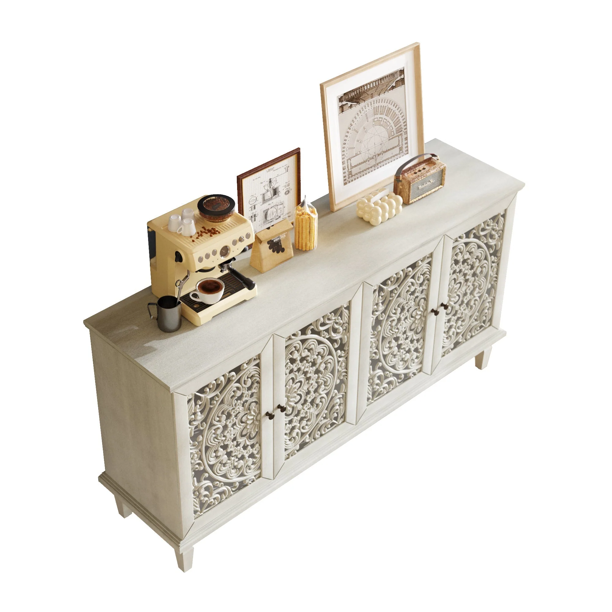 60" Antique Buffet Cabinet with Floral Carvings and Solid Wood Legs - Image 16
