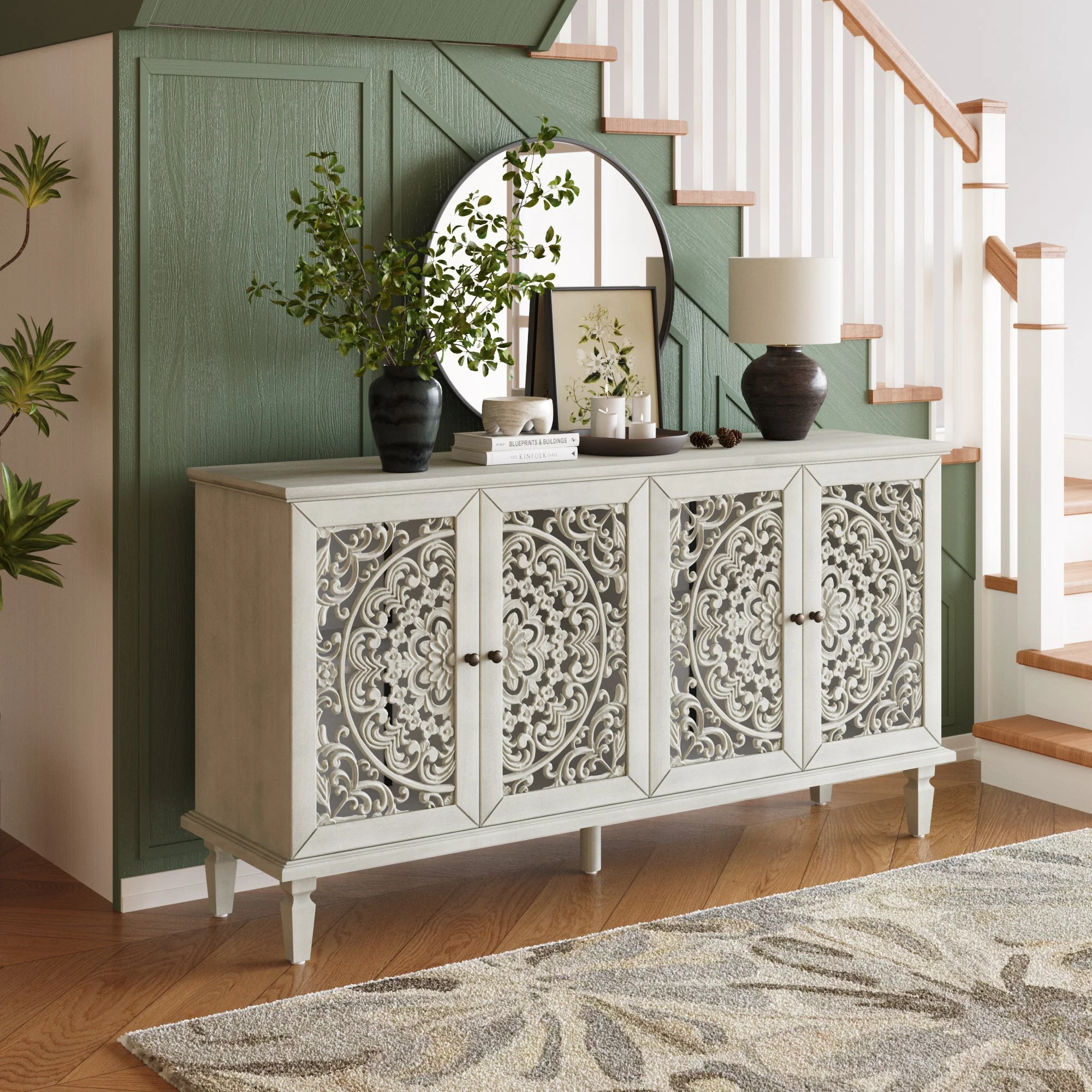 60" Antique Buffet Cabinet with Floral Carvings and Solid Wood Legs - Image 3