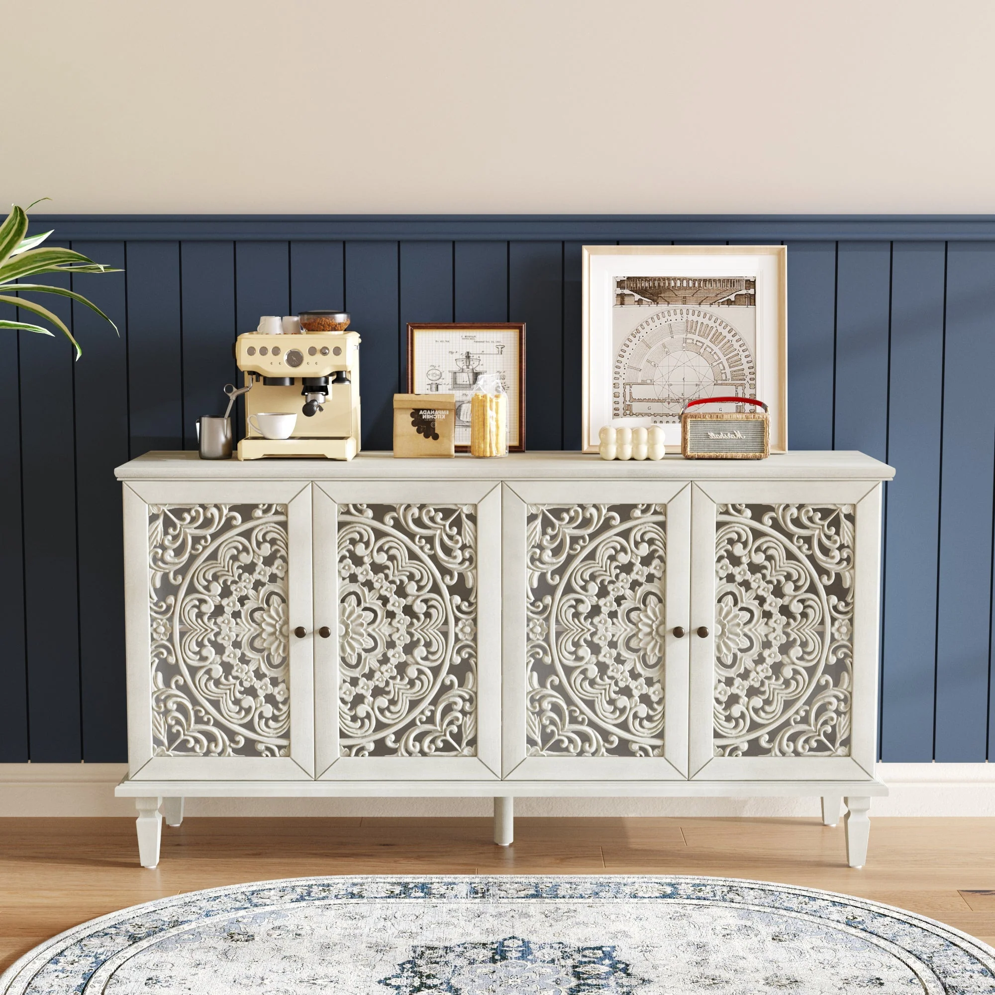 60" Antique Buffet Cabinet with Floral Carvings and Solid Wood Legs - Image 4