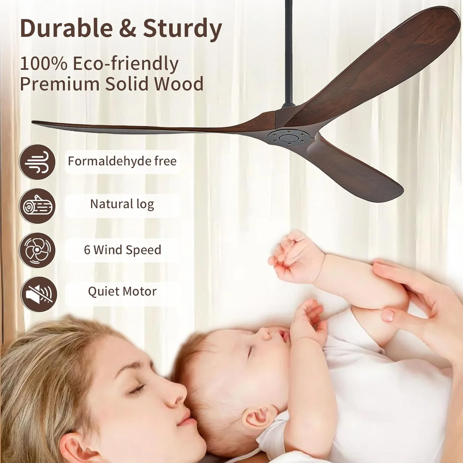 60 Inch Solid Wood Ceiling Fan 3-Blade DC Motor Remote - Image 4