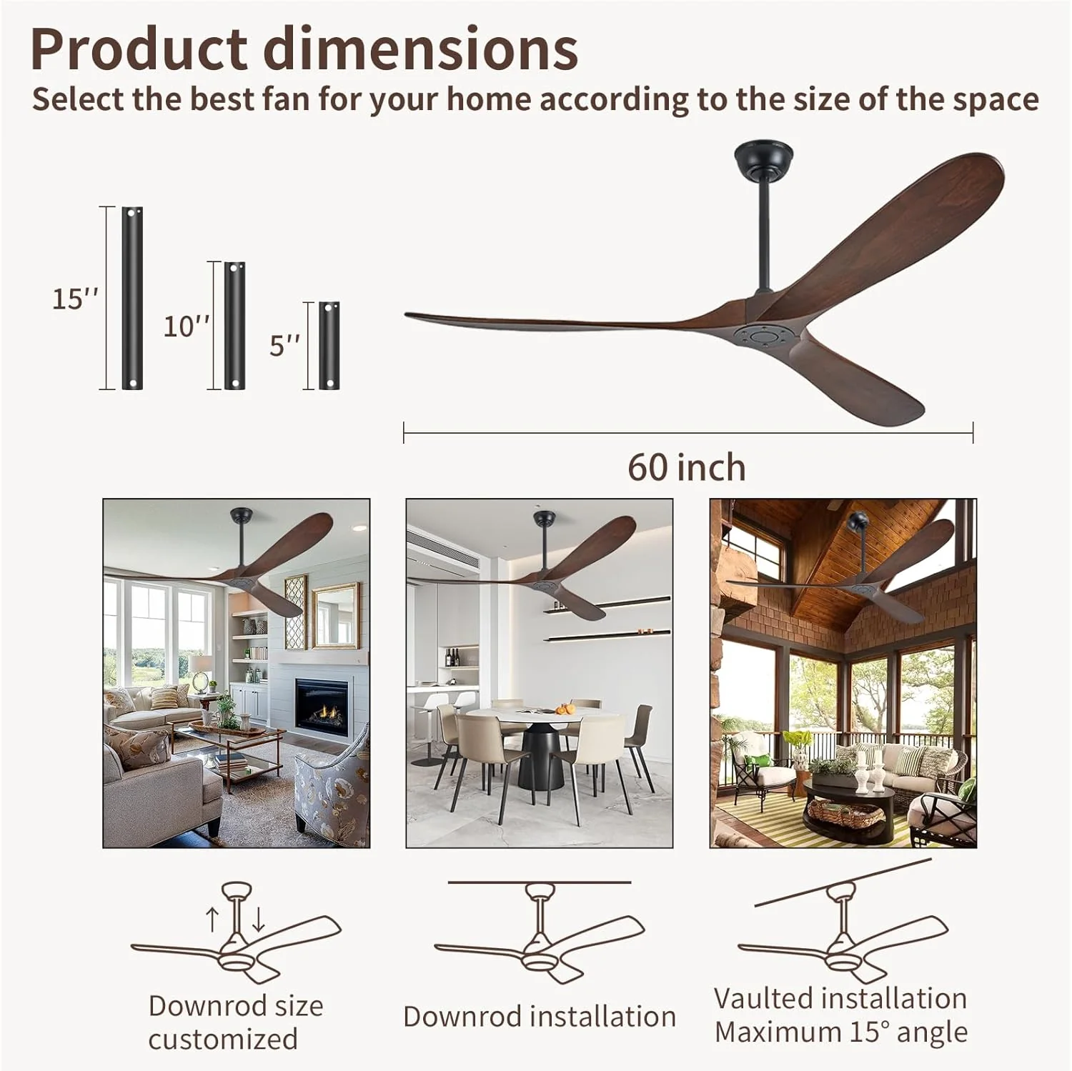 60 Inch Solid Wood Ceiling Fan 3-Blade DC Motor Remote - Image 5