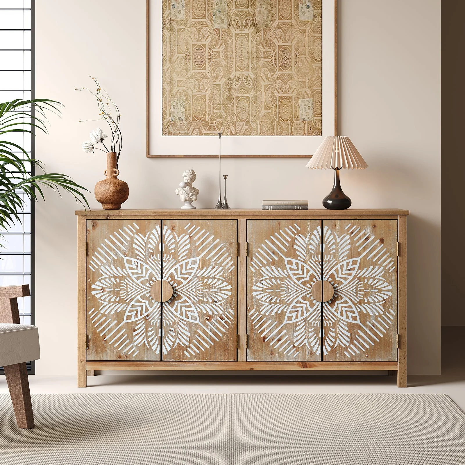 60" Wood Accent Cabinet with 4 Doors Brown and Antique White - Image 2