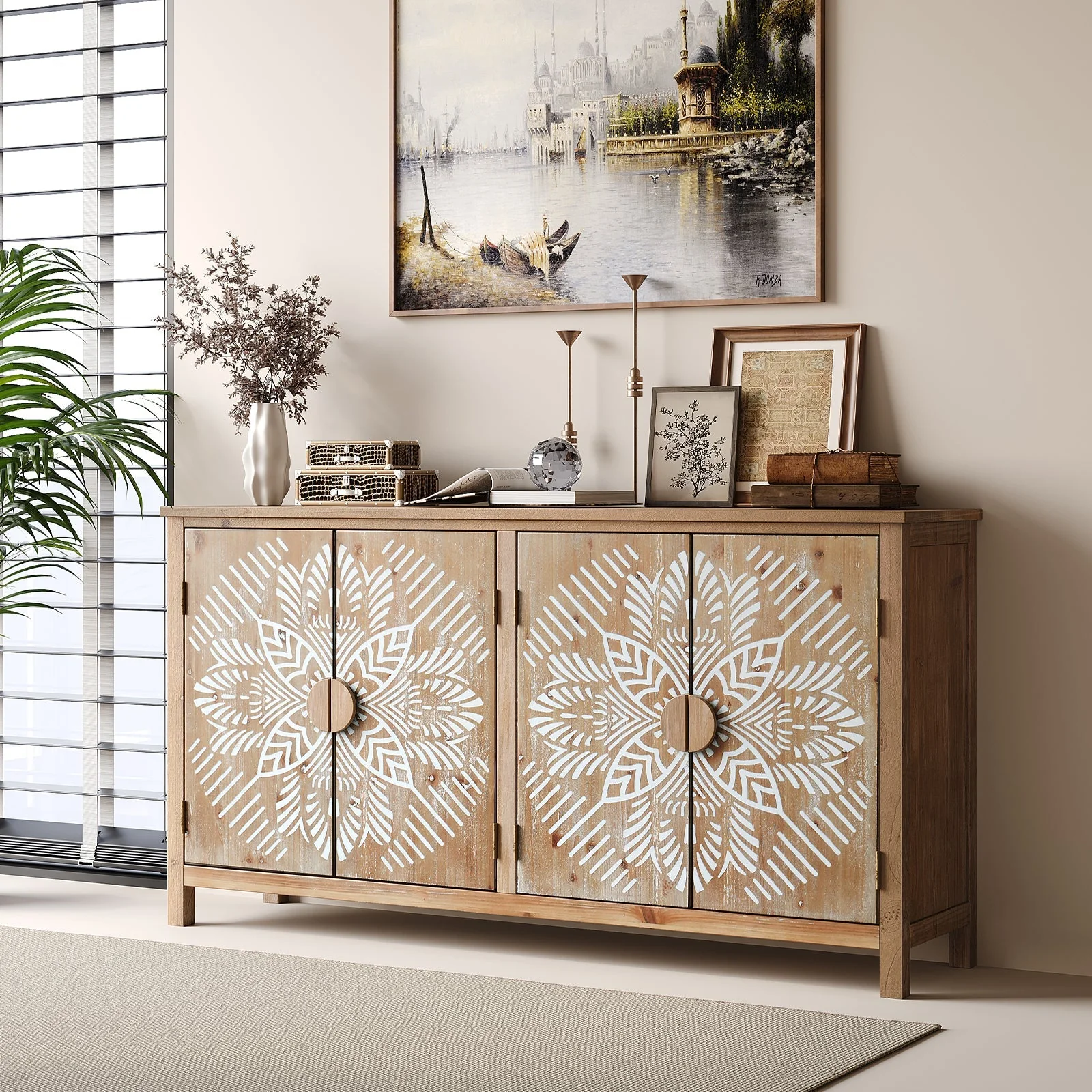 60" Wood Accent Cabinet with 4 Doors Brown and Antique White - Image 3