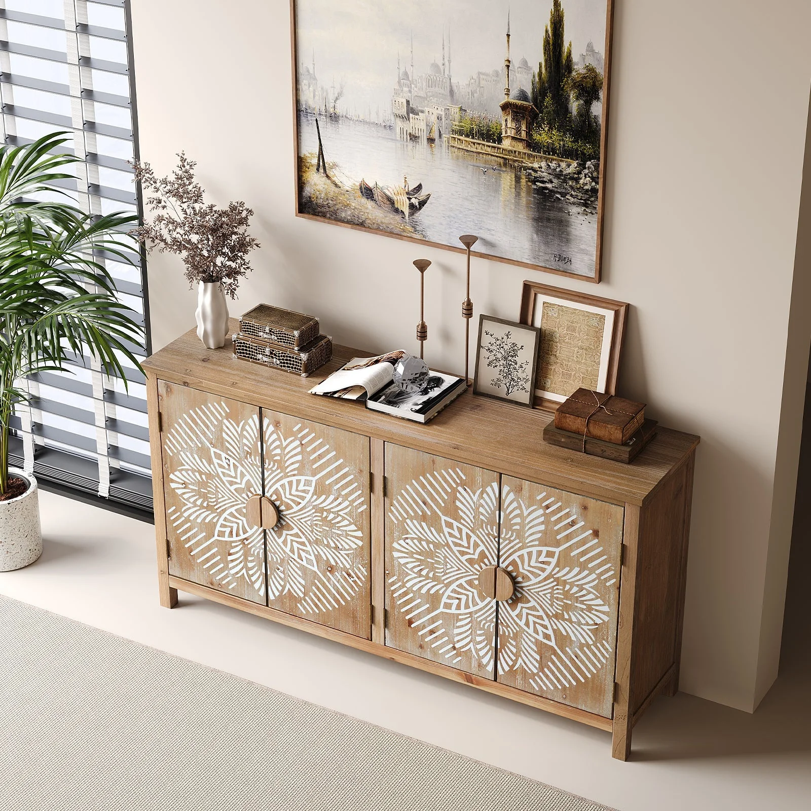 60" Wood Accent Cabinet with 4 Doors Brown and Antique White - Image 4