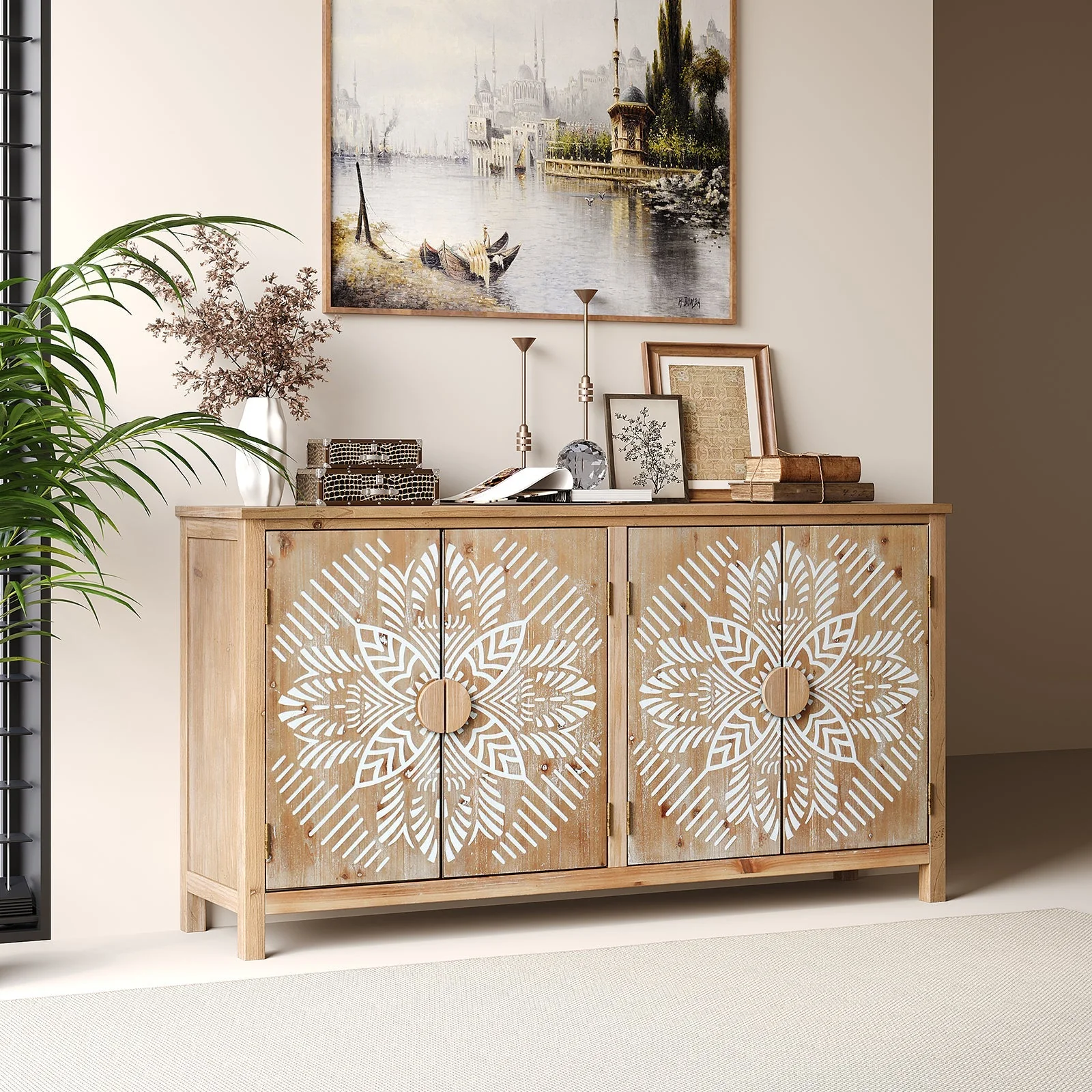 60" Wood Accent Cabinet with 4 Doors Brown and Antique White - Image 5