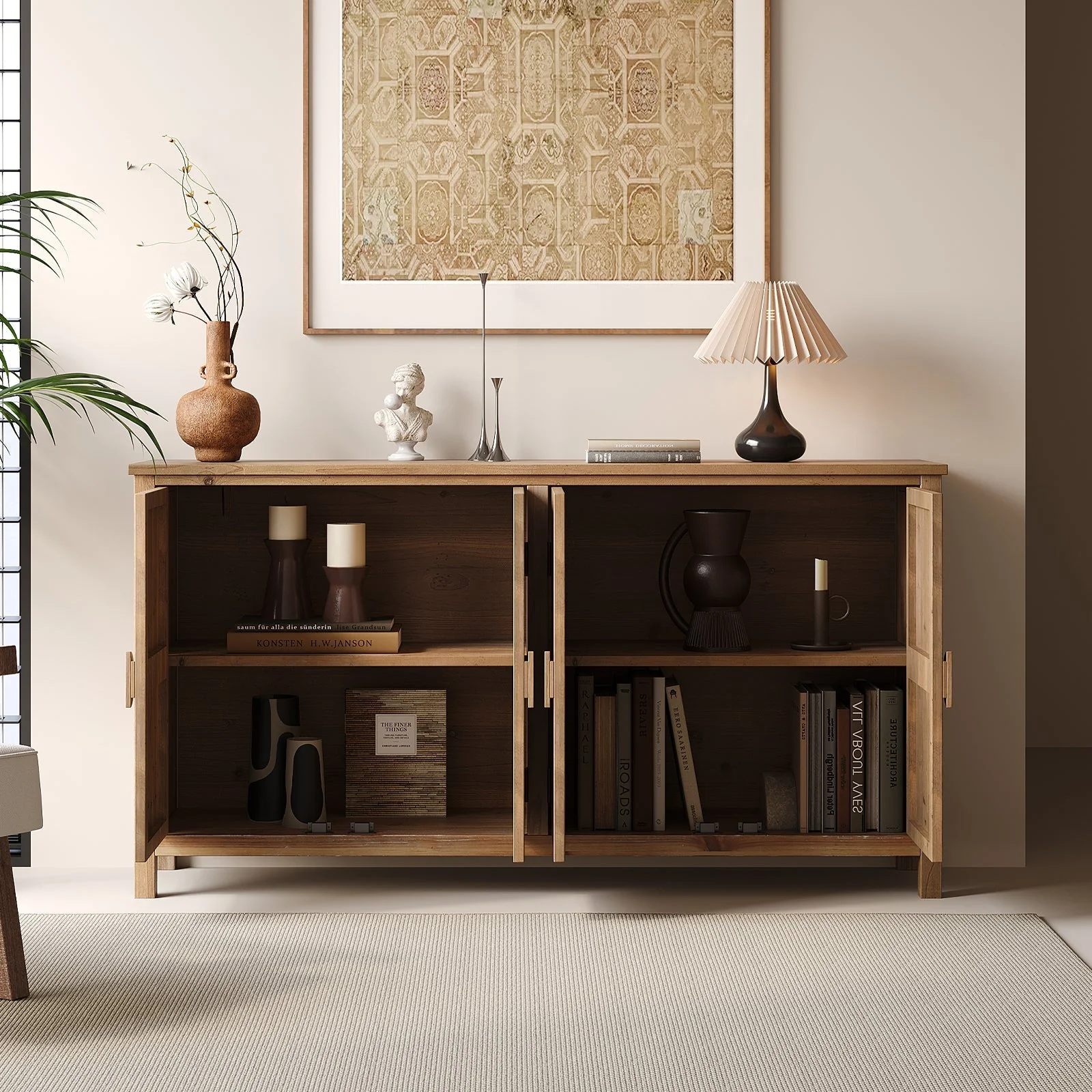 60" Wood Accent Cabinet with 4 Doors Brown and Antique White - Image 6