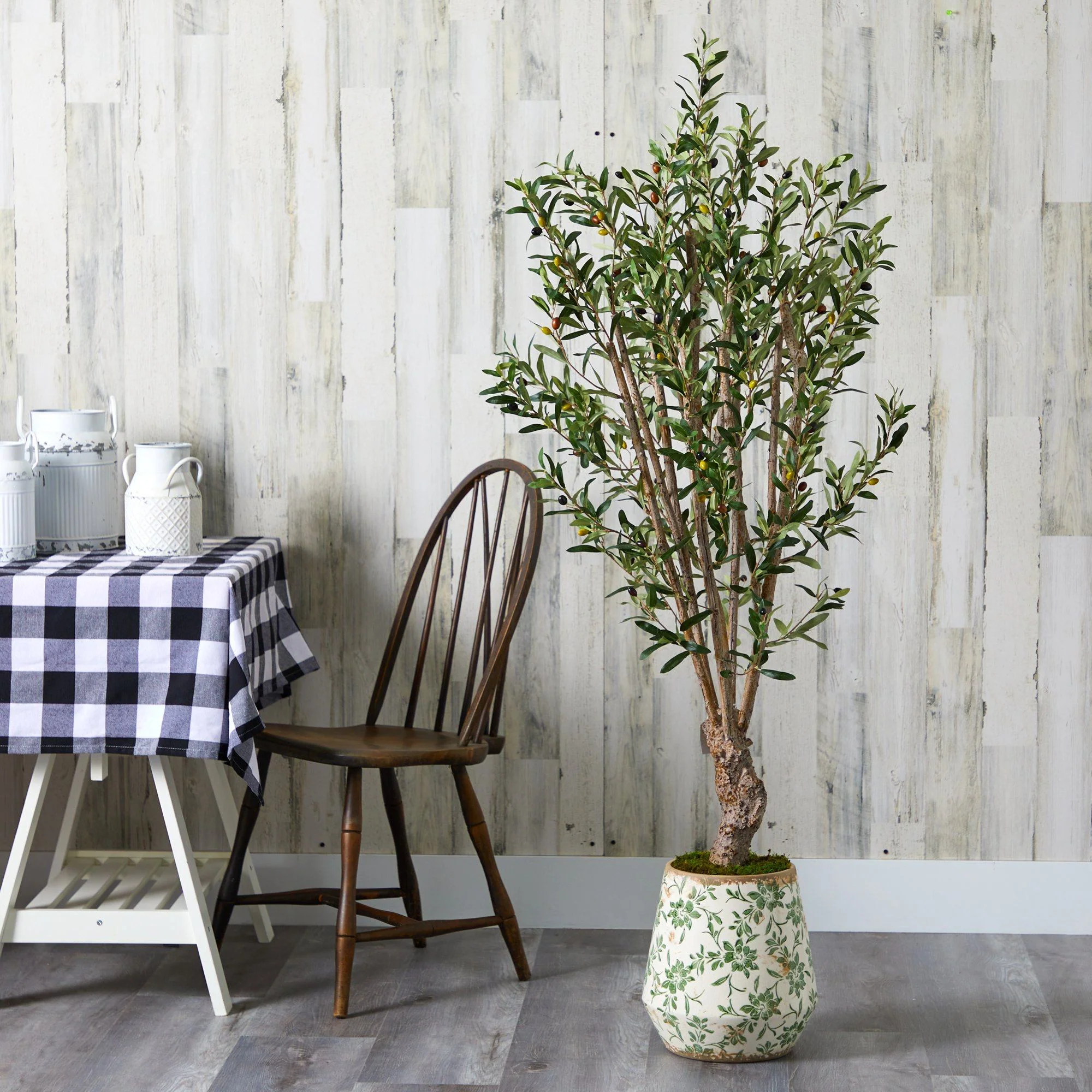 62” Olive Artificial Tree in Floral Print Planter - Image 3