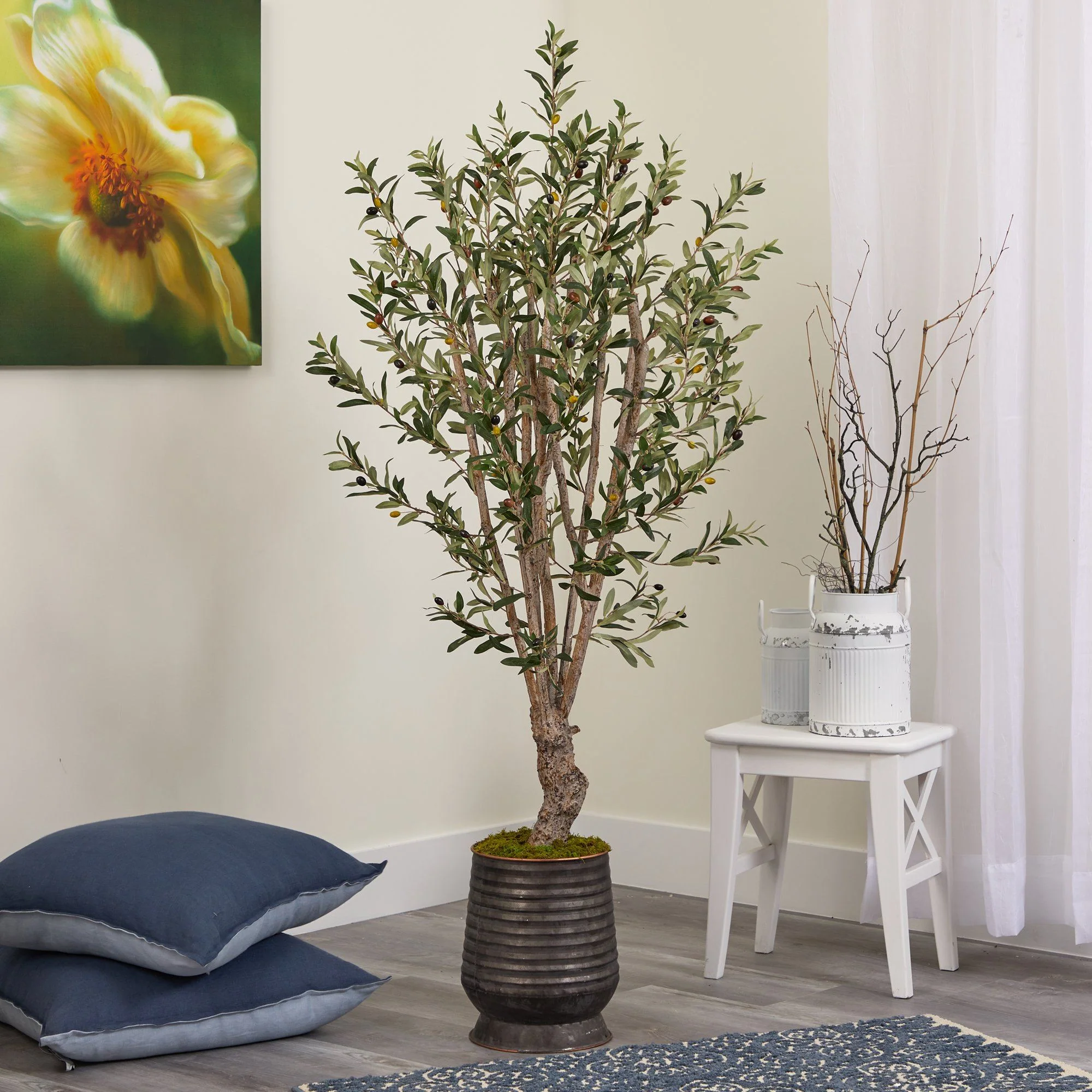 62” Olive Artificial Tree in Ribbed Metal Planter - Image 6