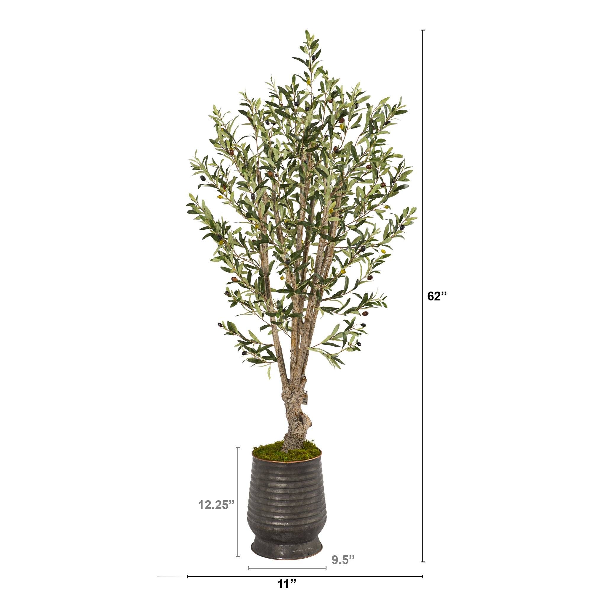 62” Olive Artificial Tree in Ribbed Metal Planter - Image 7