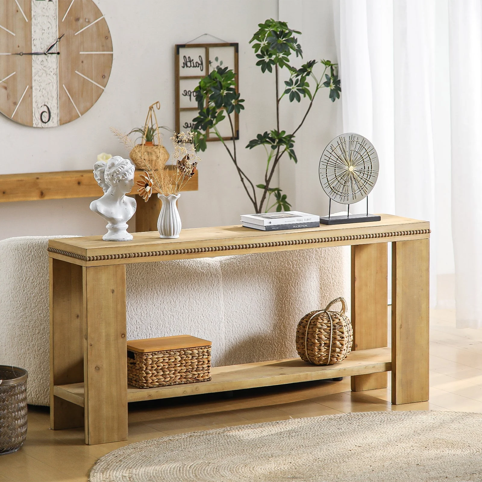 63" Boho Console Table with Storage Shelf – Rustic Farmhouse Sofa Table - Image 3