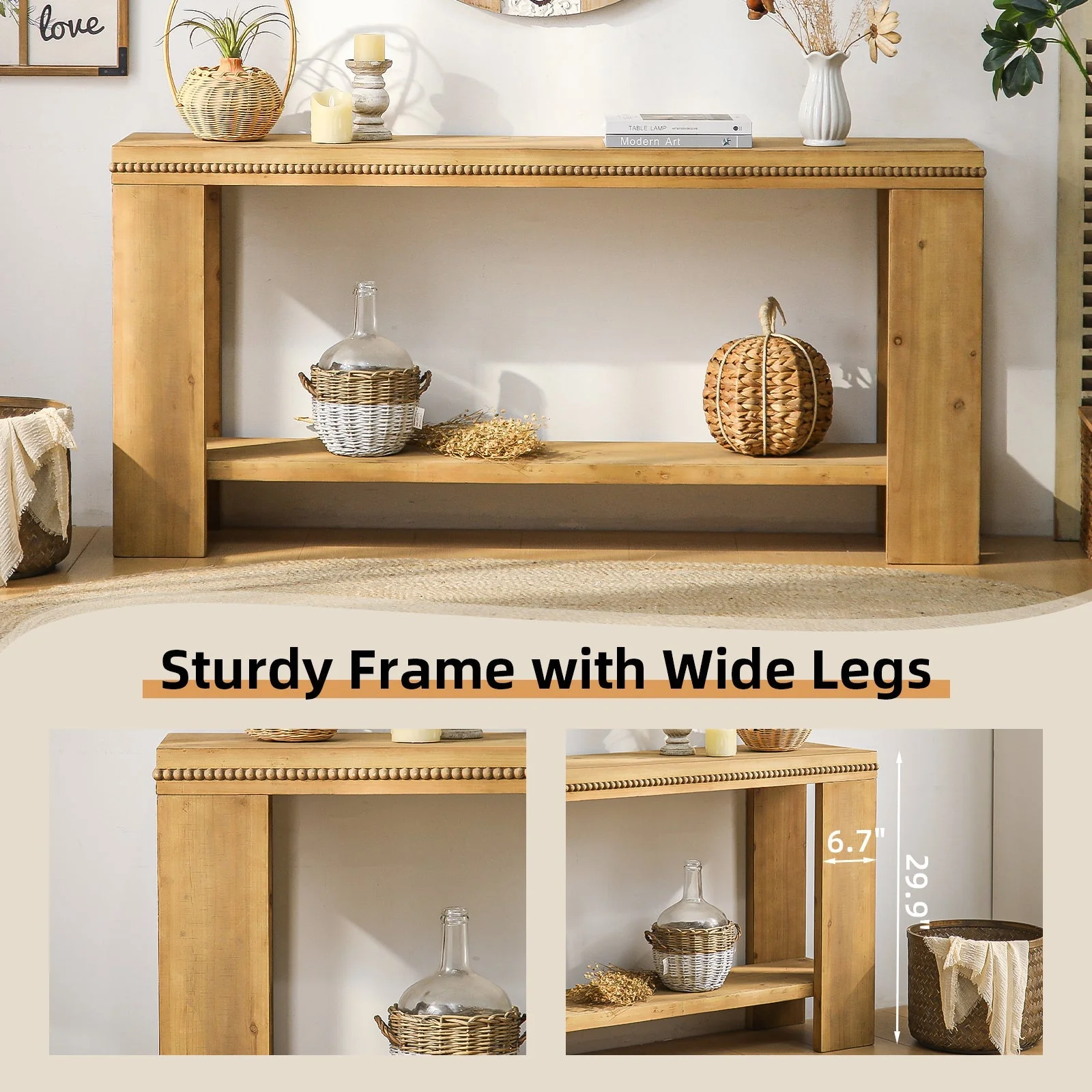 63" Boho Console Table with Storage Shelf – Rustic Farmhouse Sofa Table - Image 5