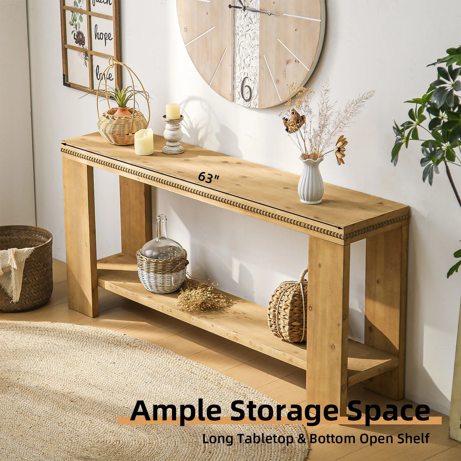 63" Boho Console Table with Storage Shelf – Rustic Farmhouse Sofa Table - Image 6