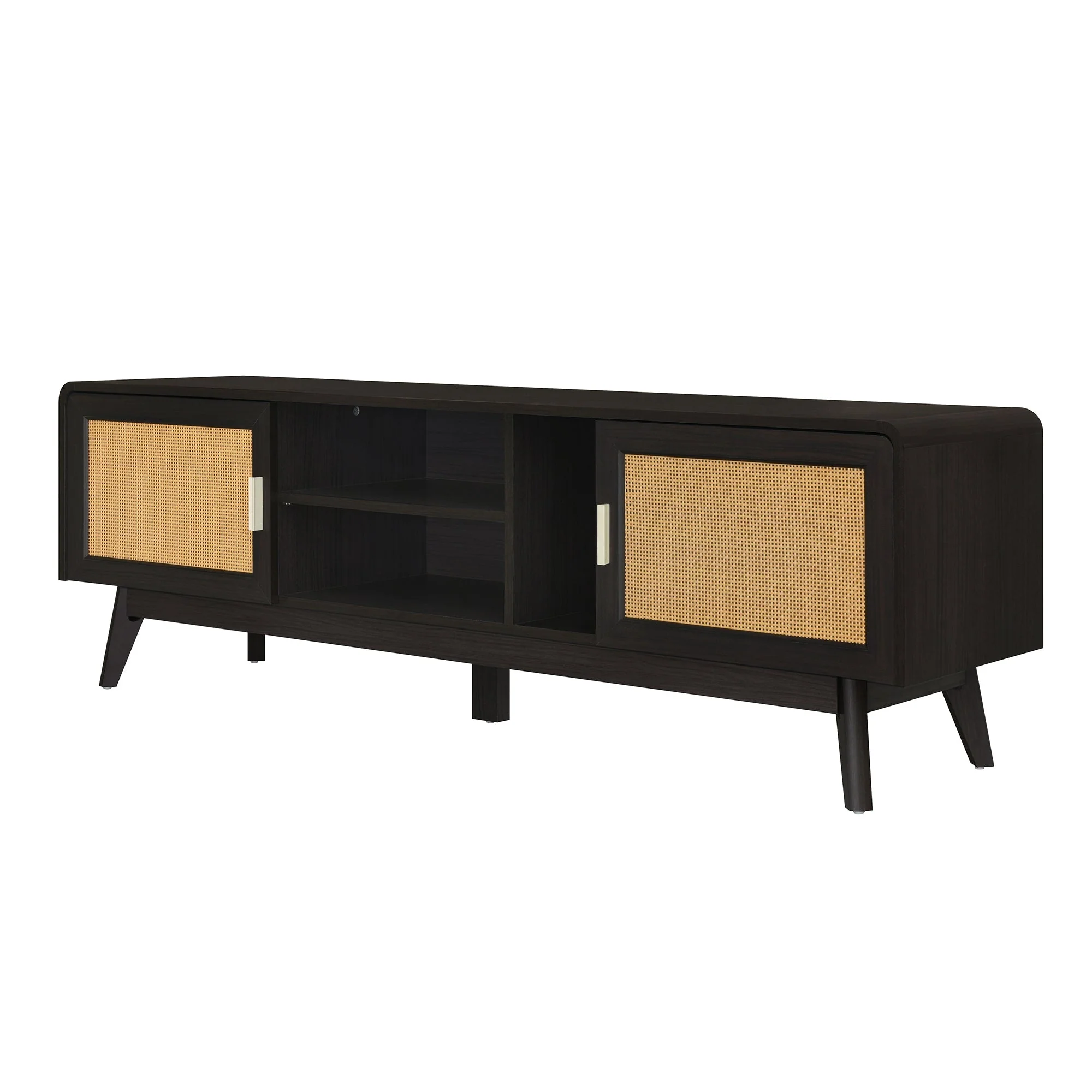 63'' Dark Rattan TV Stand with 2 Storage Cabinets and Solid Wood Legs - Image 12
