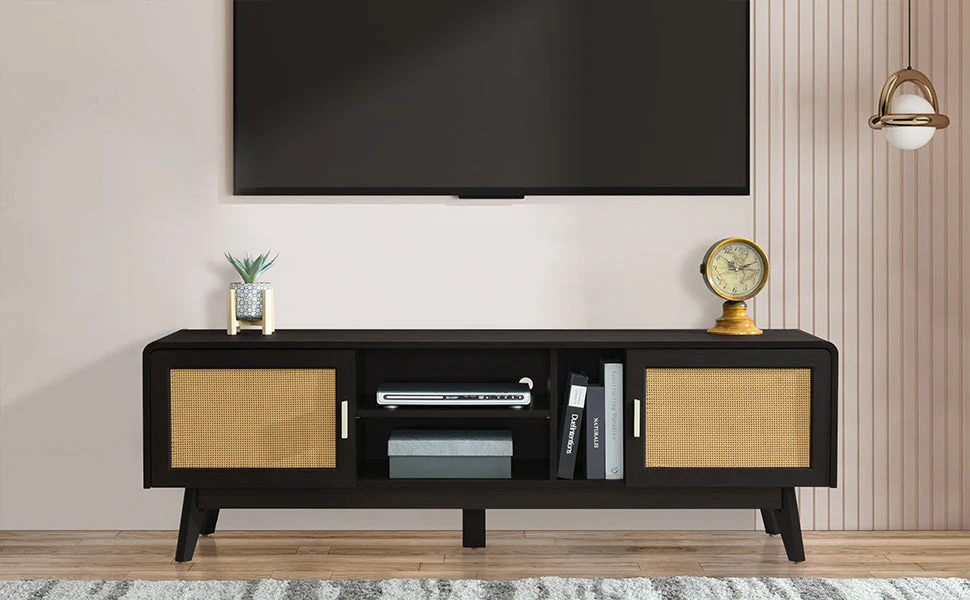 63'' Dark Rattan TV Stand with 2 Storage Cabinets and Solid Wood Legs - Image 14