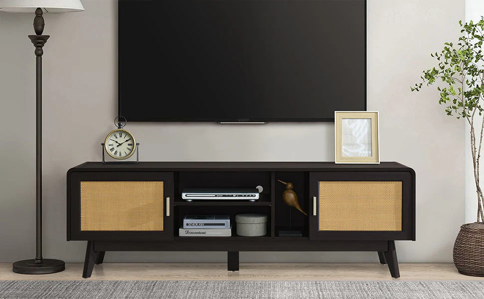 63'' Dark Rattan TV Stand with 2 Storage Cabinets and Solid Wood Legs - Image 15