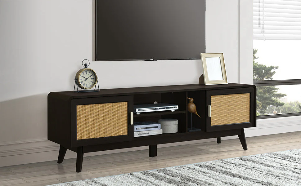 63'' Dark Rattan TV Stand with 2 Storage Cabinets and Solid Wood Legs - Image 16