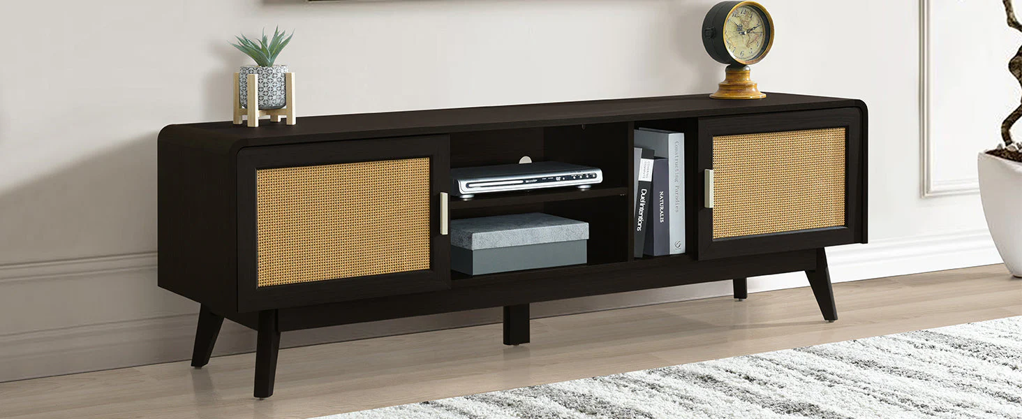 63'' Dark Rattan TV Stand with 2 Storage Cabinets and Solid Wood Legs - Image 17