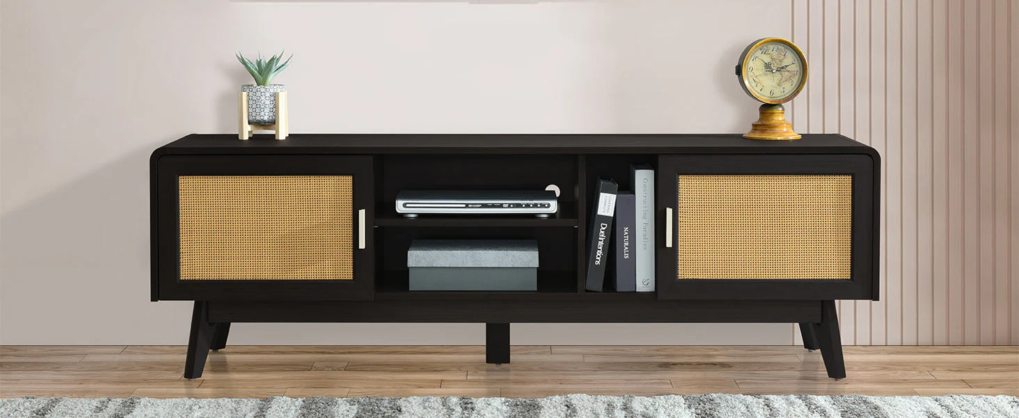 63'' Dark Rattan TV Stand with 2 Storage Cabinets and Solid Wood Legs - Image 18