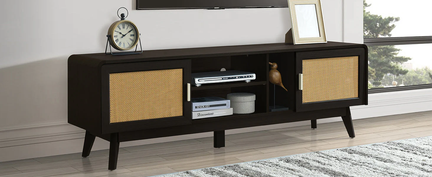63'' Dark Rattan TV Stand with 2 Storage Cabinets and Solid Wood Legs - Image 19