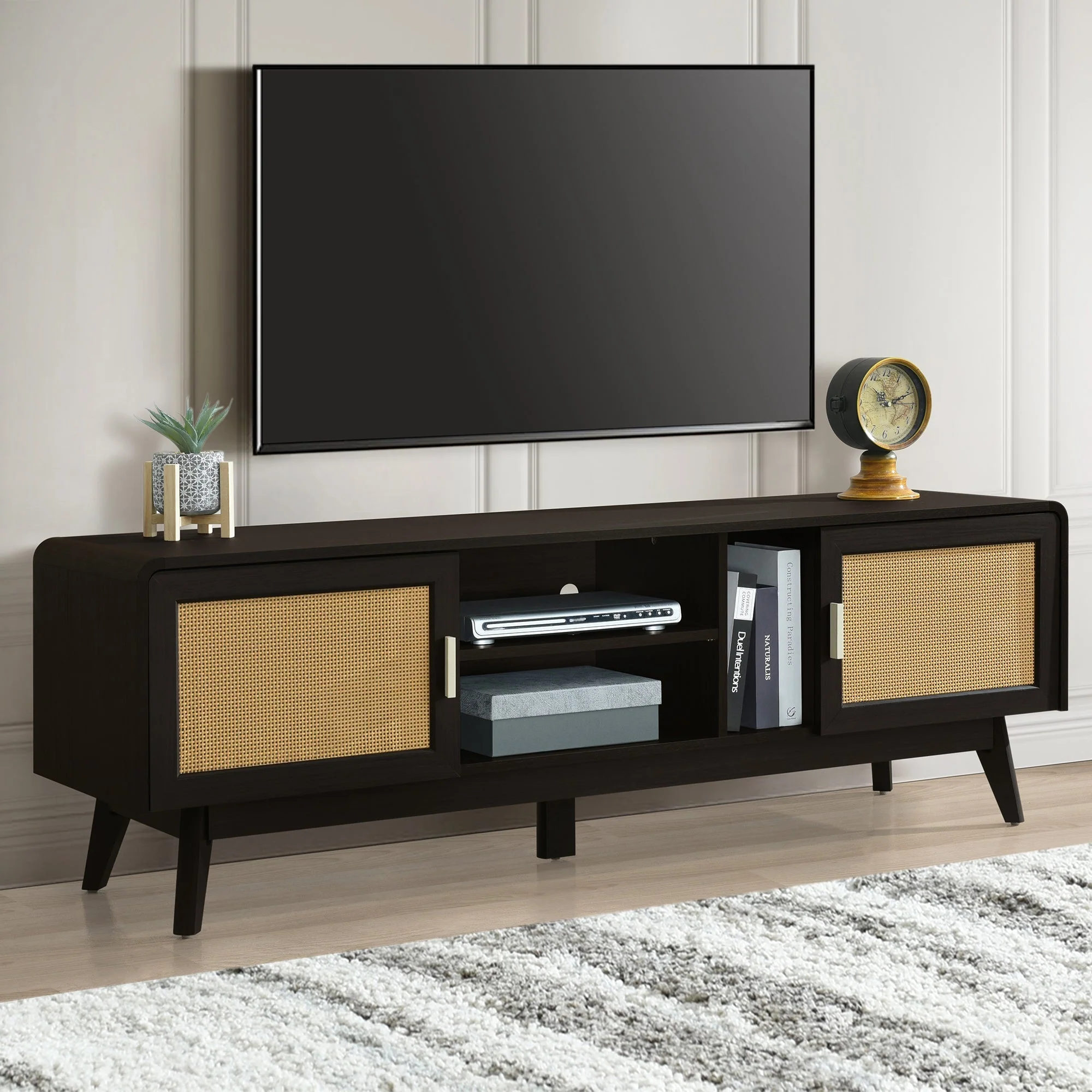 63'' Dark Rattan TV Stand with 2 Storage Cabinets and Solid Wood Legs - Image 2