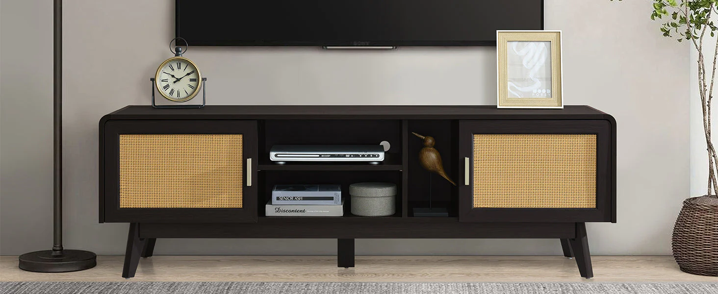 63'' Dark Rattan TV Stand with 2 Storage Cabinets and Solid Wood Legs - Image 20