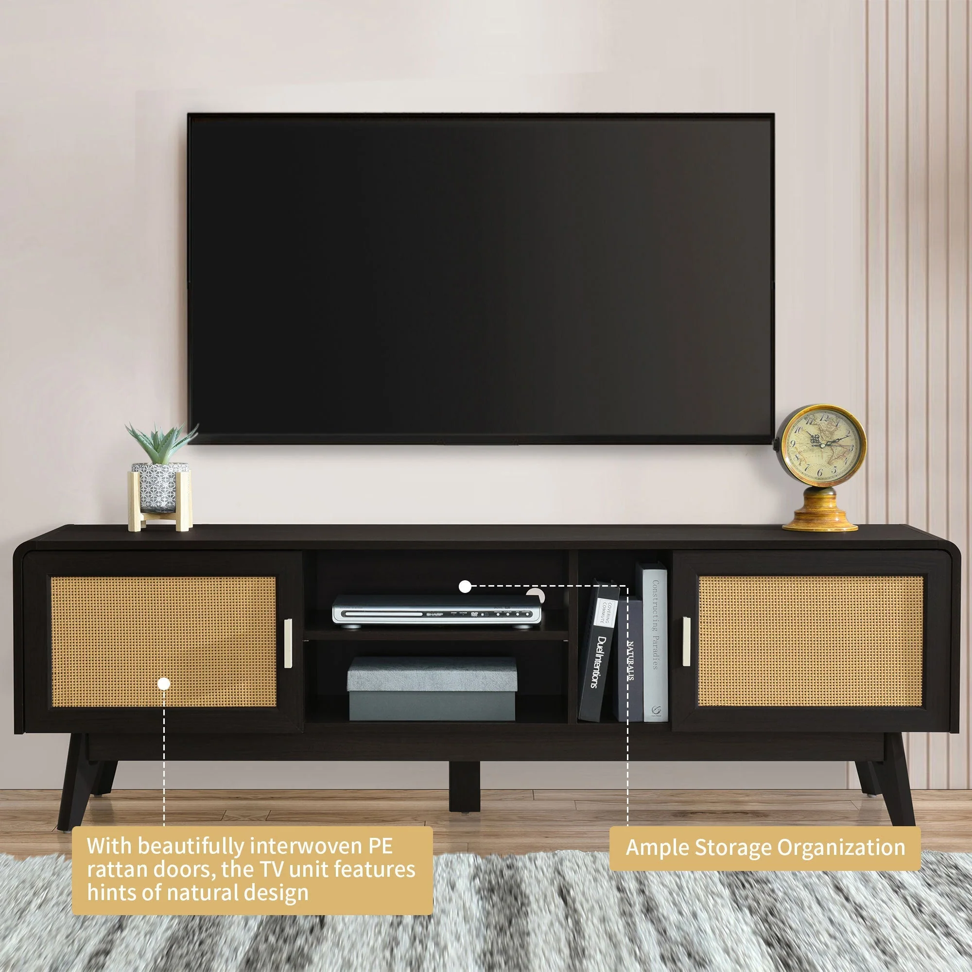 63'' Dark Rattan TV Stand with 2 Storage Cabinets and Solid Wood Legs - Image 21