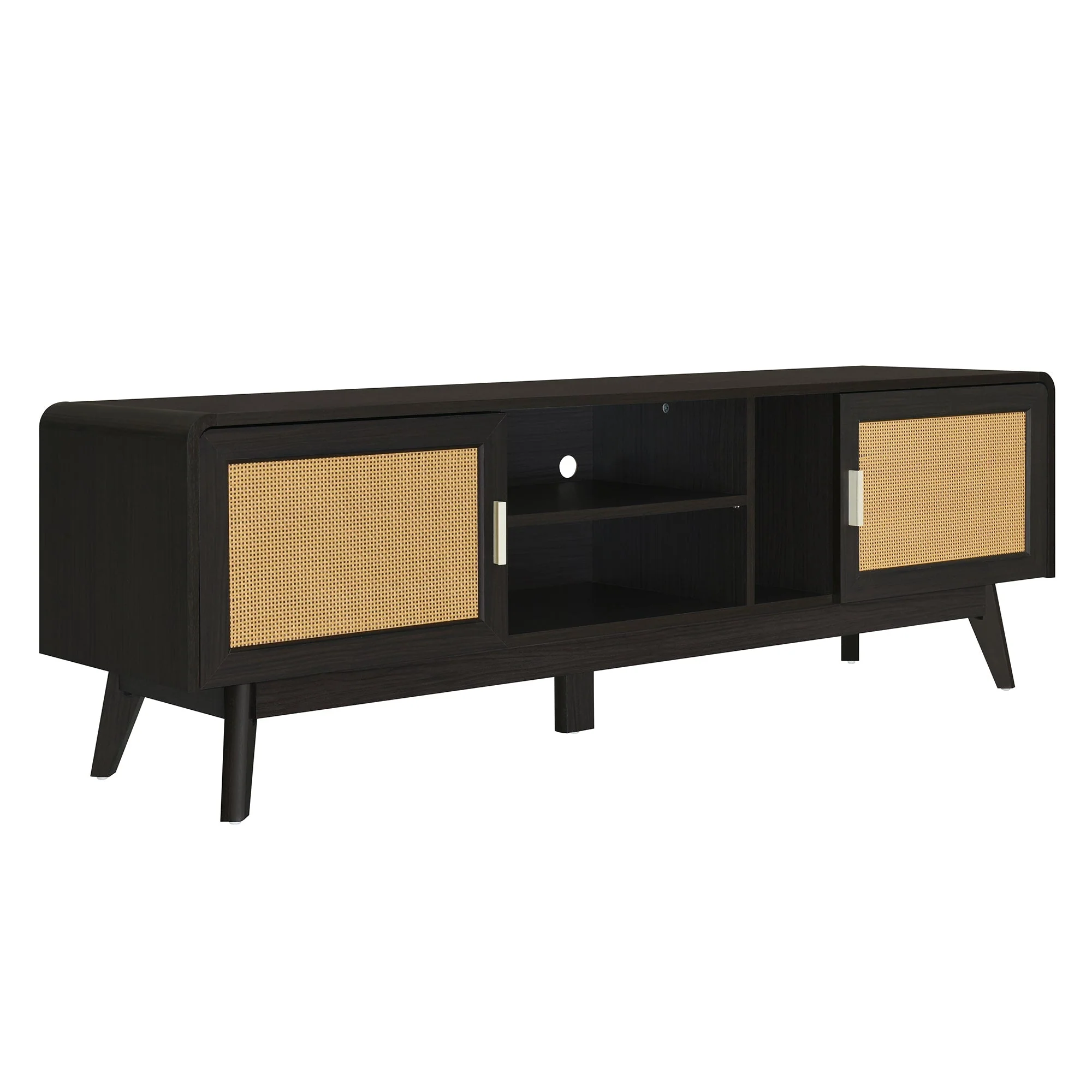 63'' Dark Rattan TV Stand with 2 Storage Cabinets and Solid Wood Legs - Image 22