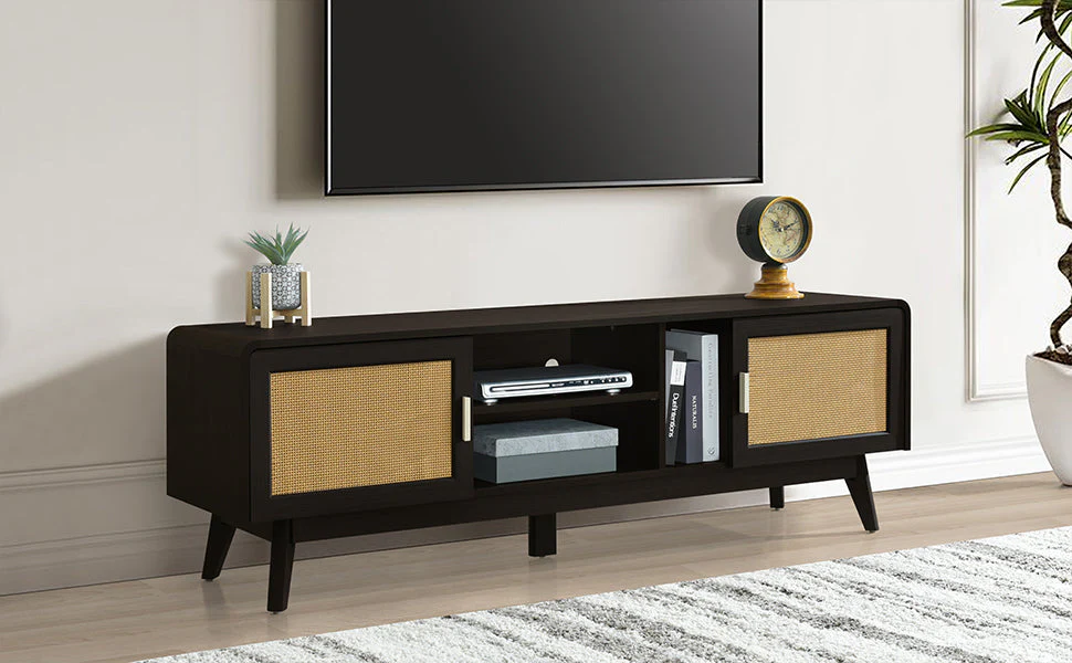 63'' Dark Rattan TV Stand with 2 Storage Cabinets and Solid Wood Legs - Image 23
