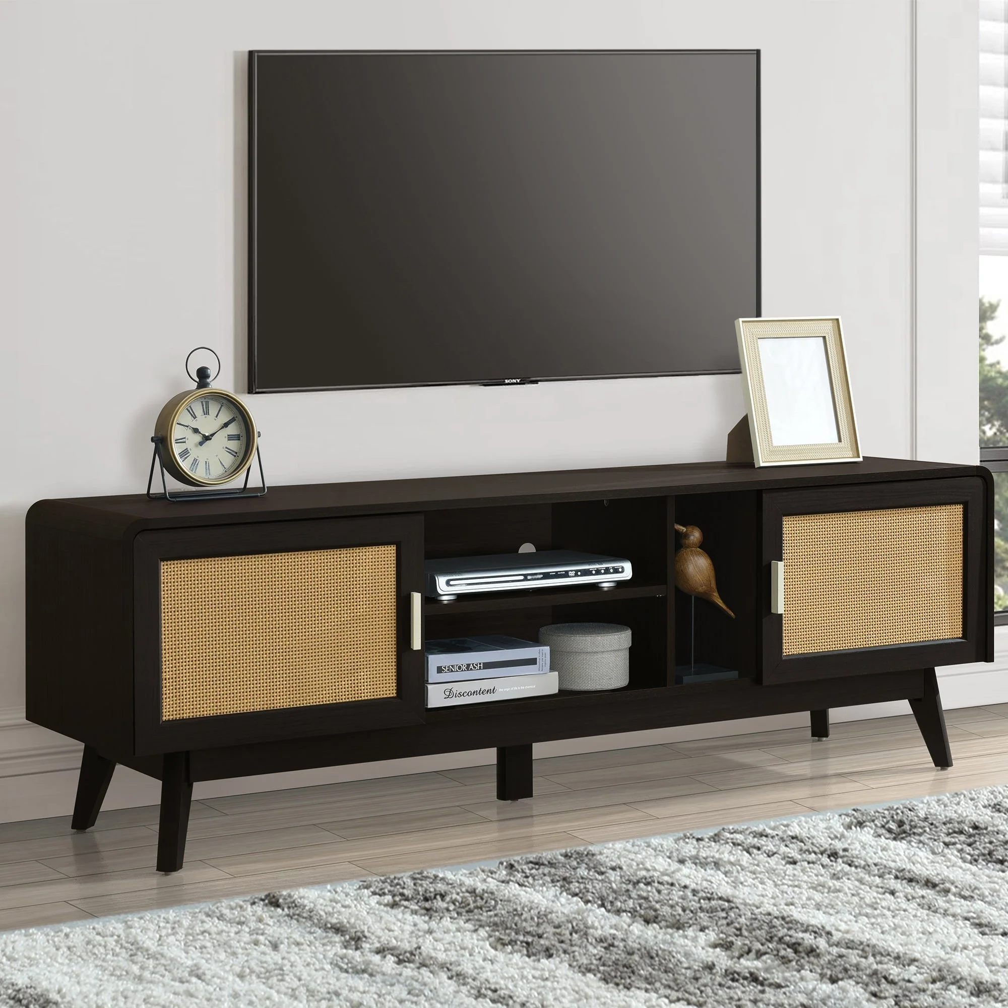 63'' Dark Rattan TV Stand with 2 Storage Cabinets and Solid Wood Legs - Image 3