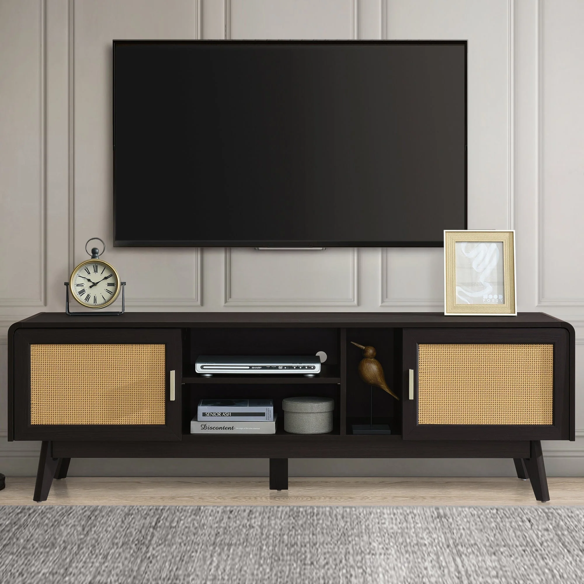 63'' Dark Rattan TV Stand with 2 Storage Cabinets and Solid Wood Legs - Image 4