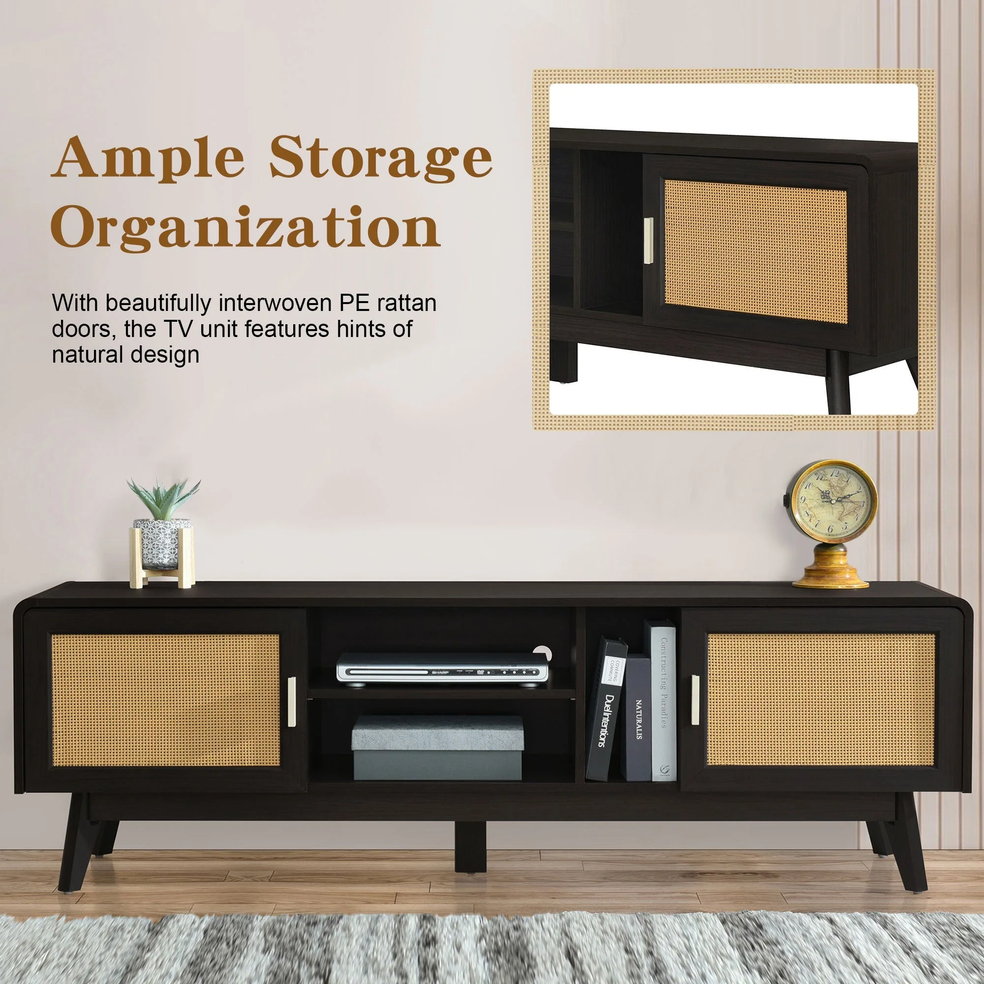 63'' Dark Rattan TV Stand with 2 Storage Cabinets and Solid Wood Legs - Image 5