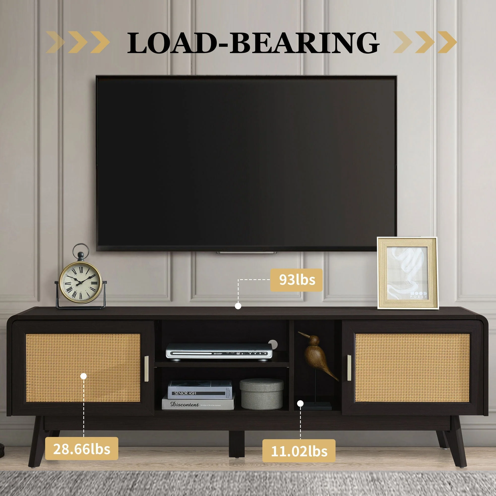 63'' Dark Rattan TV Stand with 2 Storage Cabinets and Solid Wood Legs - Image 7
