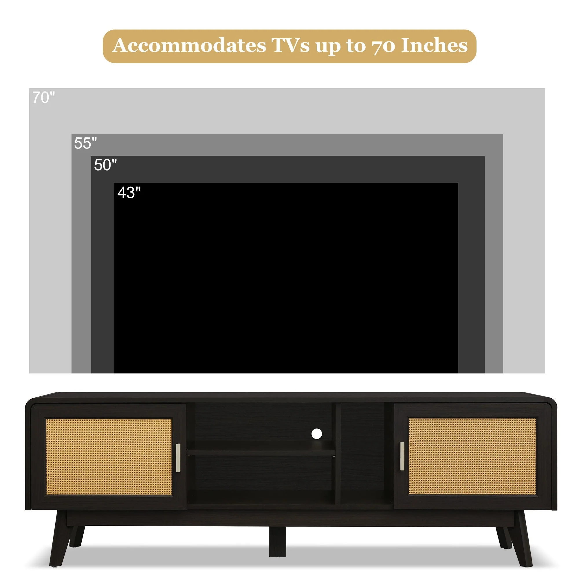 63'' Dark Rattan TV Stand with 2 Storage Cabinets and Solid Wood Legs - Image 8