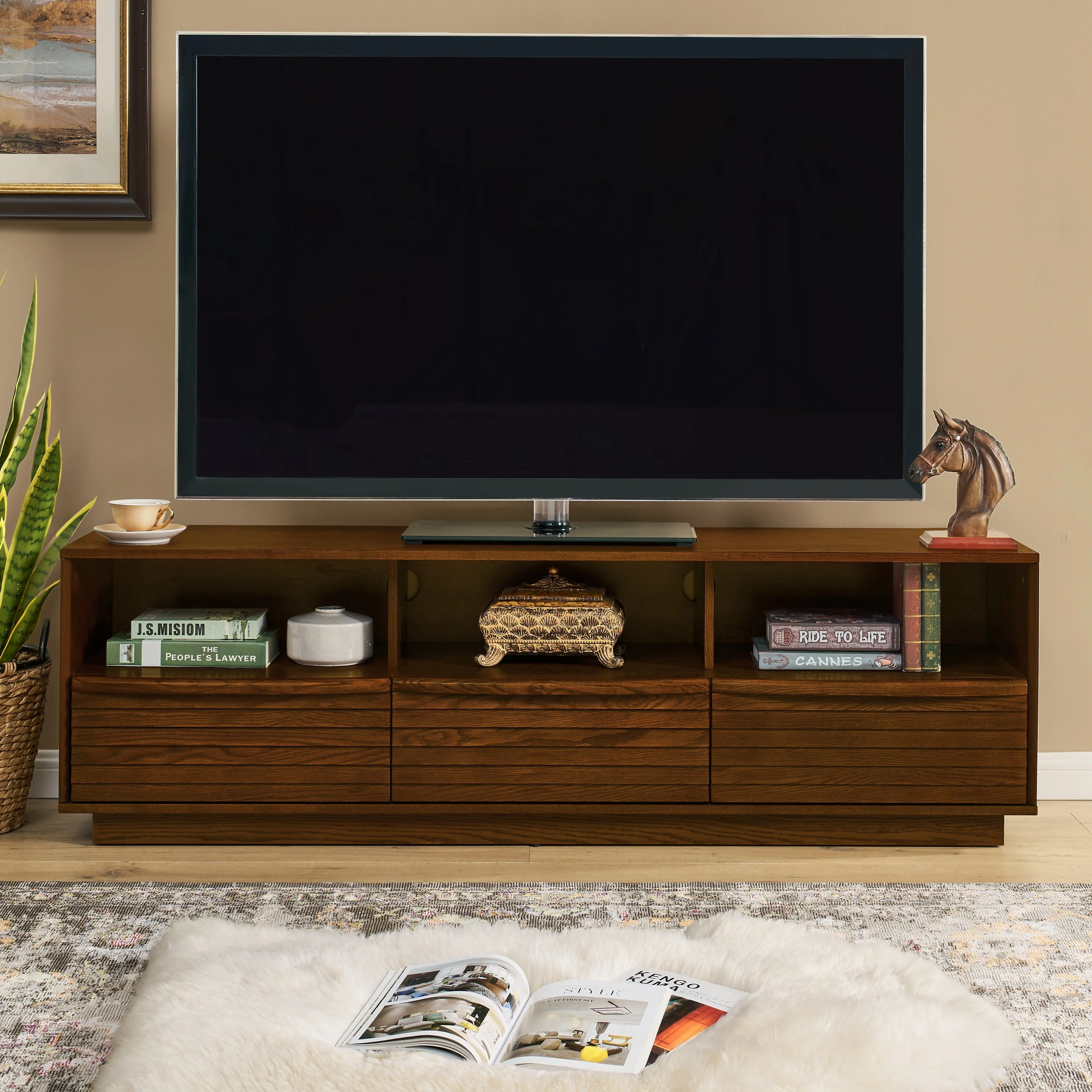 63' Mid-Century Modern TV Stand for TVs up to 75' Walnut - Image 2