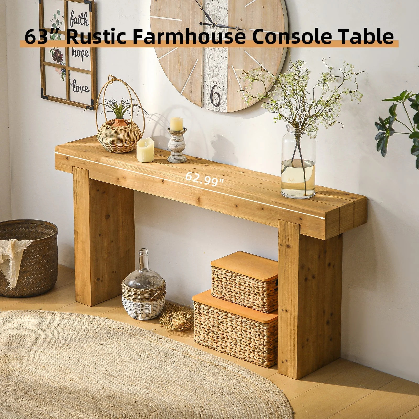 63" Solid Wood Console Table – Rustic Farmhouse Sofa Table - Image 3