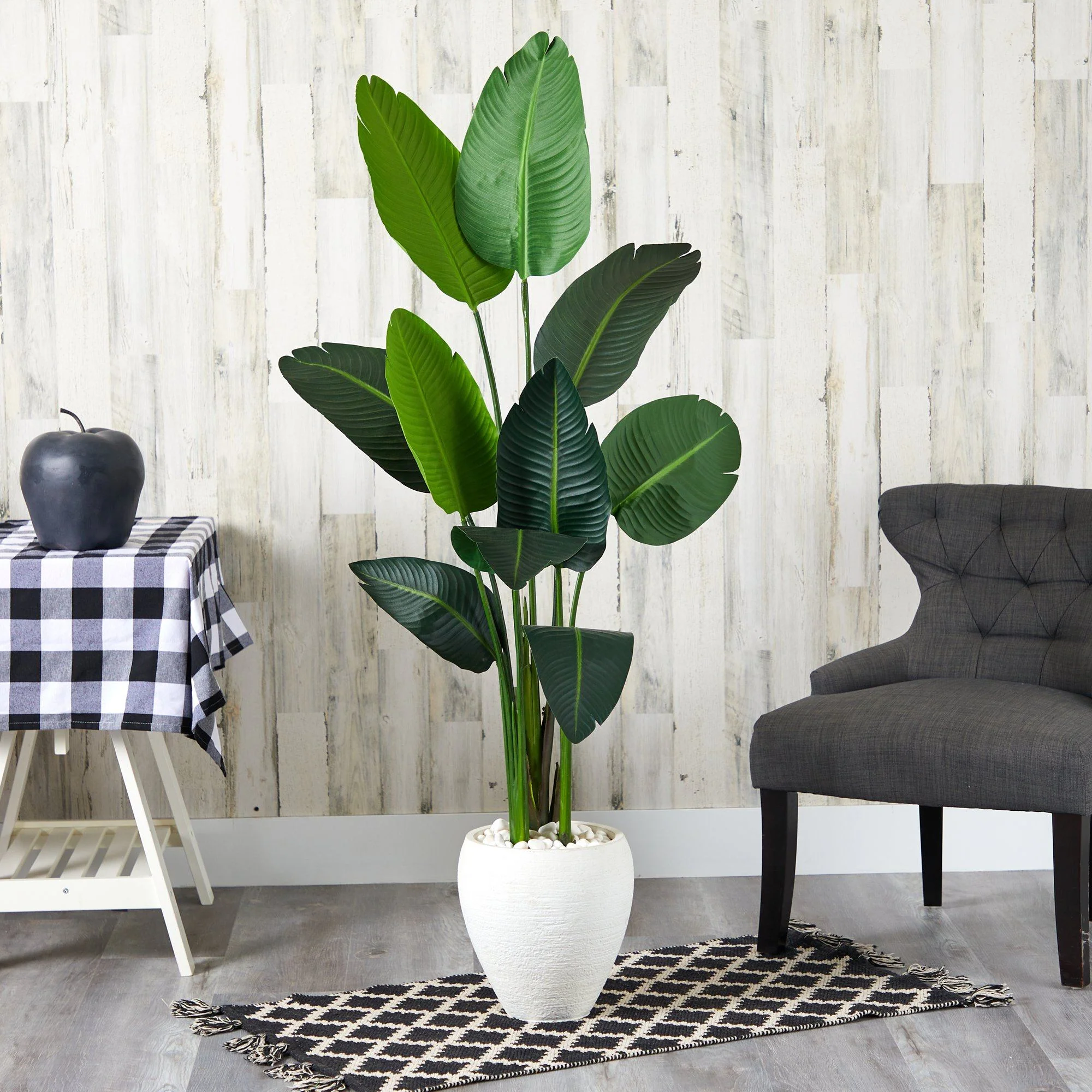 63” Traveler's Palm Artificial tree in White Planter - Image 3