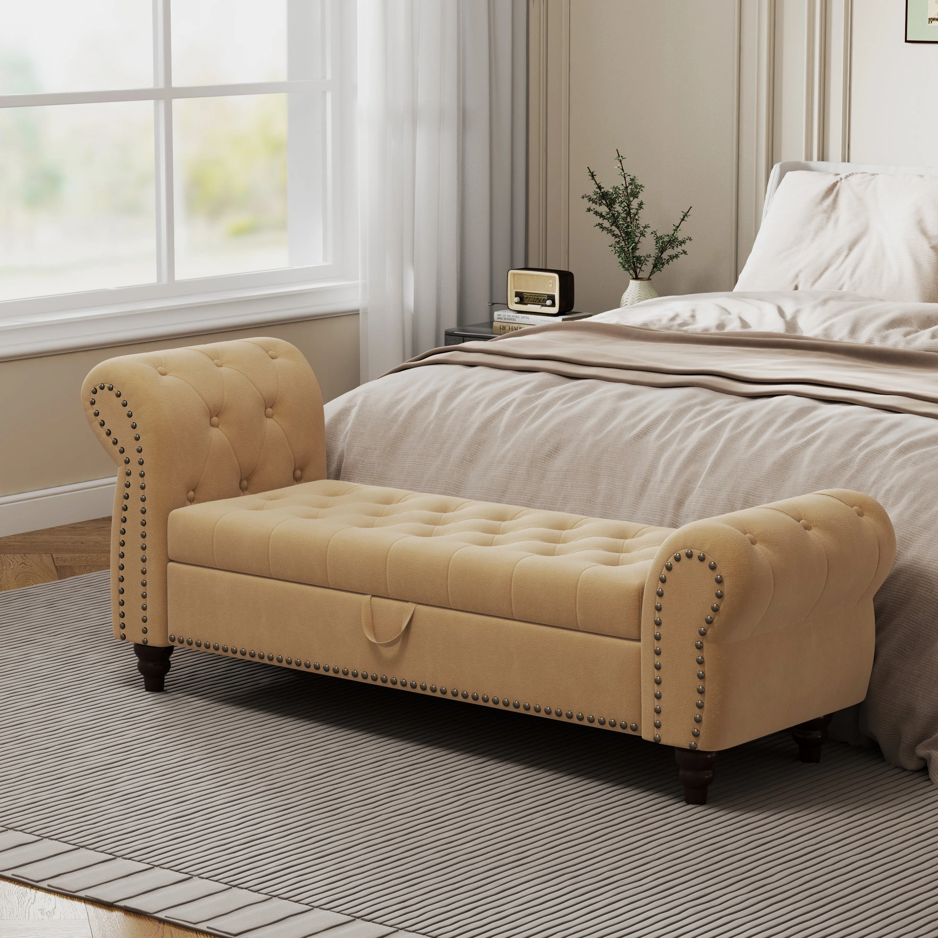 64.5' Velvet Upholstered Bed Bench with Storage and Tufted Nails - Image 2