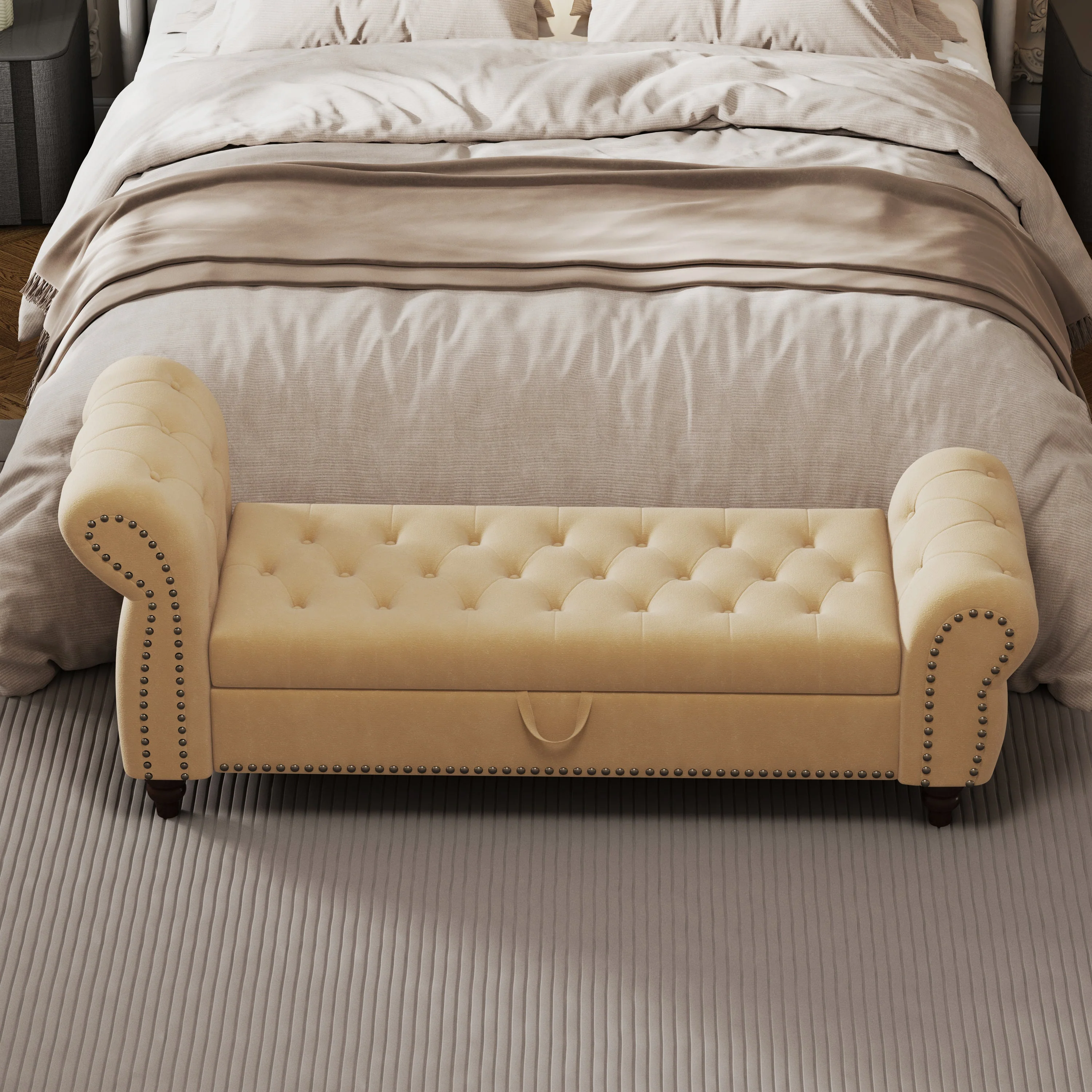 64.5' Velvet Upholstered Bed Bench with Storage and Tufted Nails - Image 3