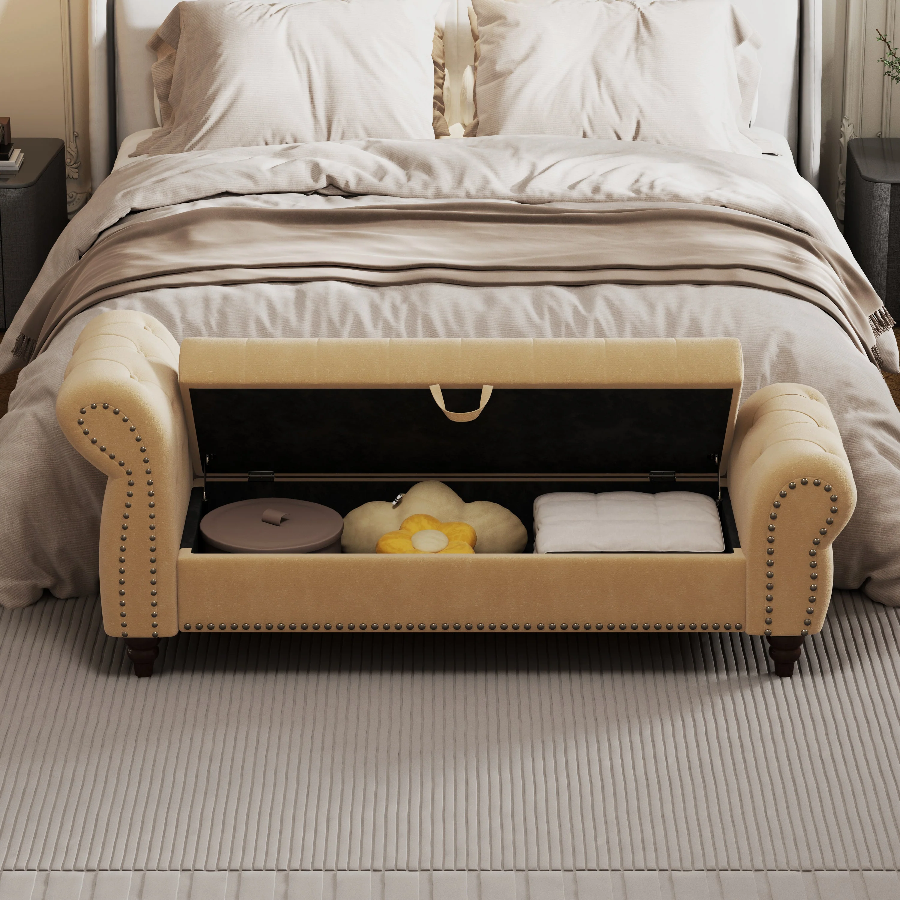 64.5' Velvet Upholstered Bed Bench with Storage and Tufted Nails - Image 5